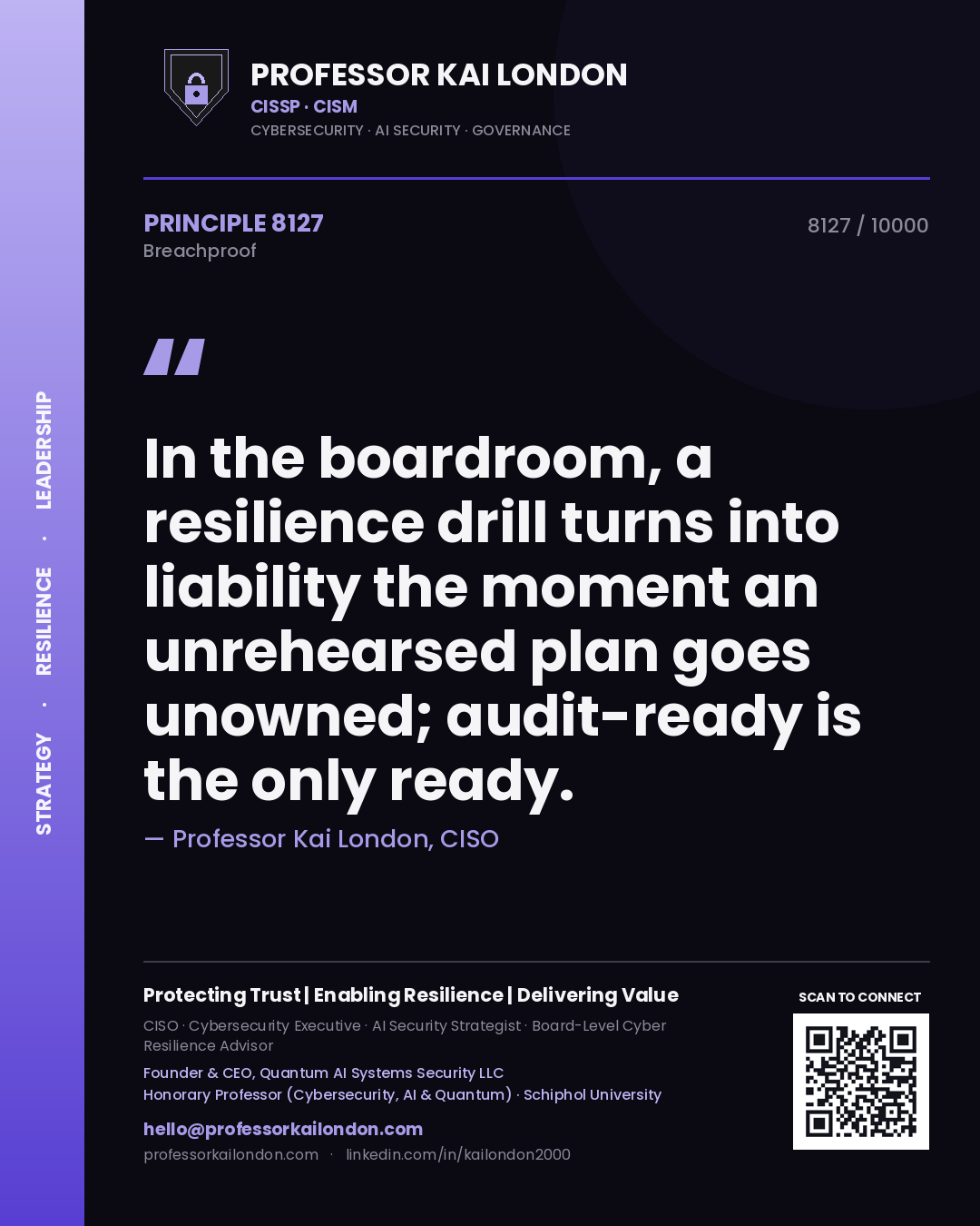 Quote card by Professor Kai London reading 'In the boardroom, a resilience drill turns into liability the moment an unrehearsed plan goes unowned; audit-ready is the only ready.'. From the book Breachproof.