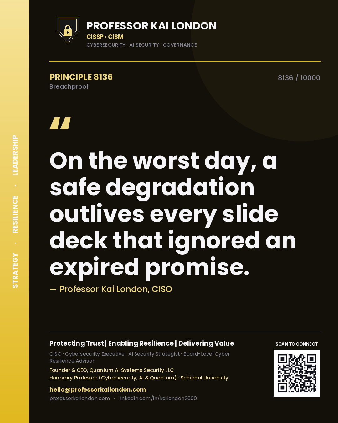 Quote card by Professor Kai London reading 'On the worst day, a safe degradation outlives every slide deck that ignored an expired promise.'. From the book Breachproof.