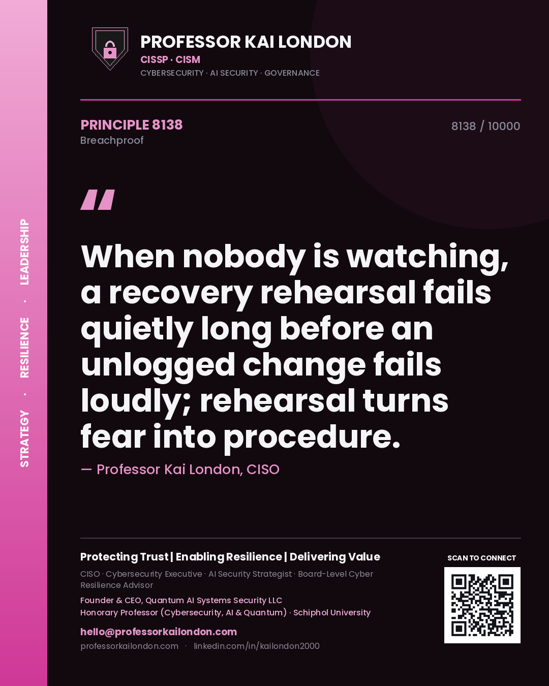 Quote card by Professor Kai London reading 'When nobody is watching, a recovery rehearsal fails quietly long before an unlogged change fails loudly; rehearsal turns fear into procedure.'. From the book Breachproof.