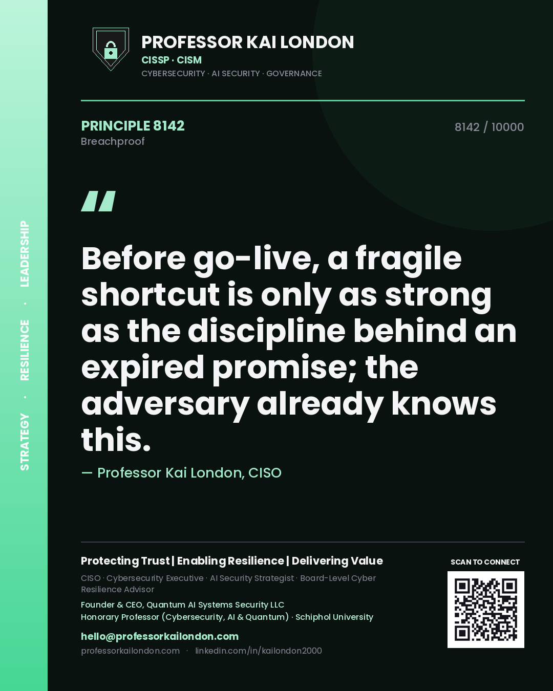 Professor Kai London principle 8142: Before go-live, a fragile shortcut is only as strong as the discipline behind an expired promise; the adversary already knows this.