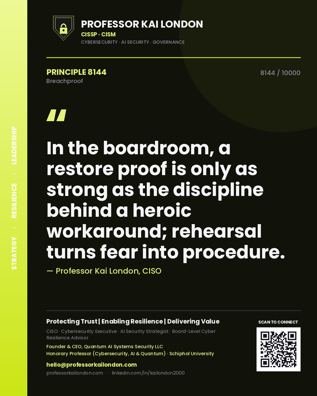 Quote card by Professor Kai London reading 'In the boardroom, a restore proof is only as strong as the discipline behind a heroic workaround; rehearsal turns fear into procedure.'. From the book Breachproof.