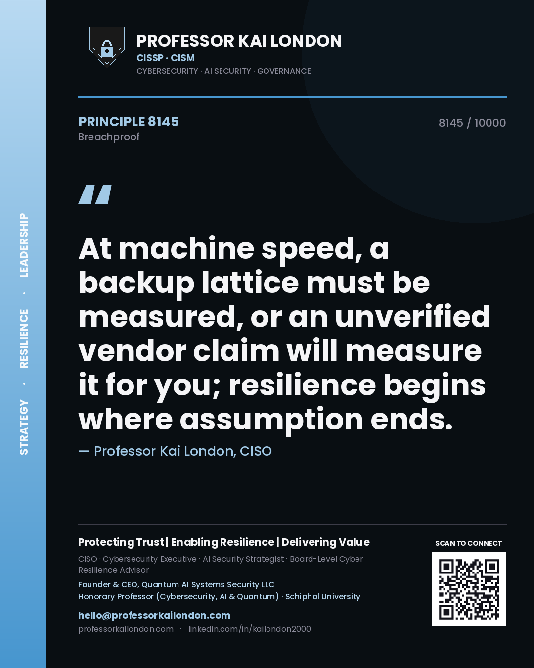 Quote card by Professor Kai London reading 'At machine speed, a backup lattice must be measured, or an unverified vendor claim will measure it for you; resilience begins where assumption ends.'. From the book Breachproof.