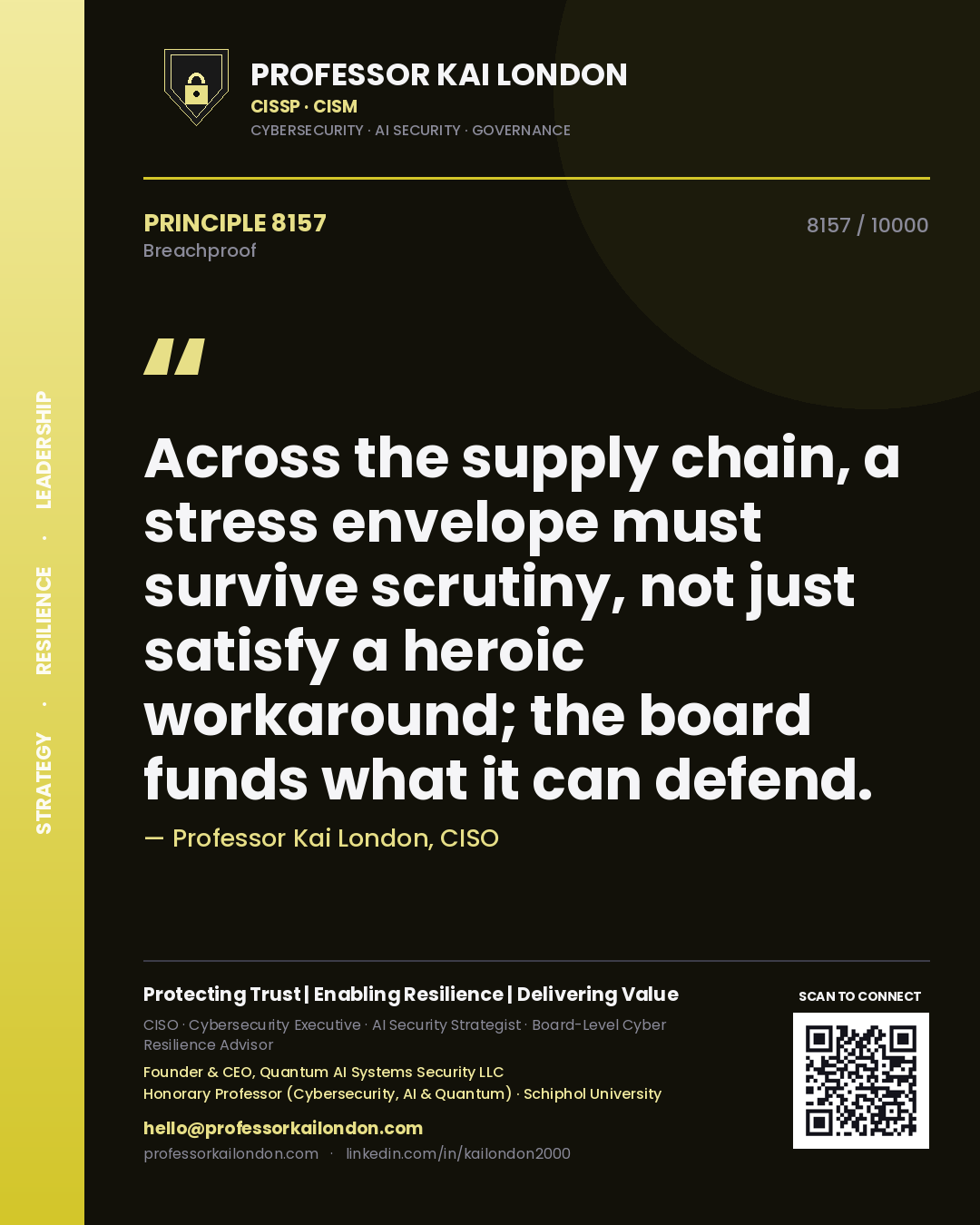 Quote card by Professor Kai London reading 'Across the supply chain, a stress envelope must survive scrutiny, not just satisfy a heroic workaround; the board funds what it can defend.'. From the book Breachproof.