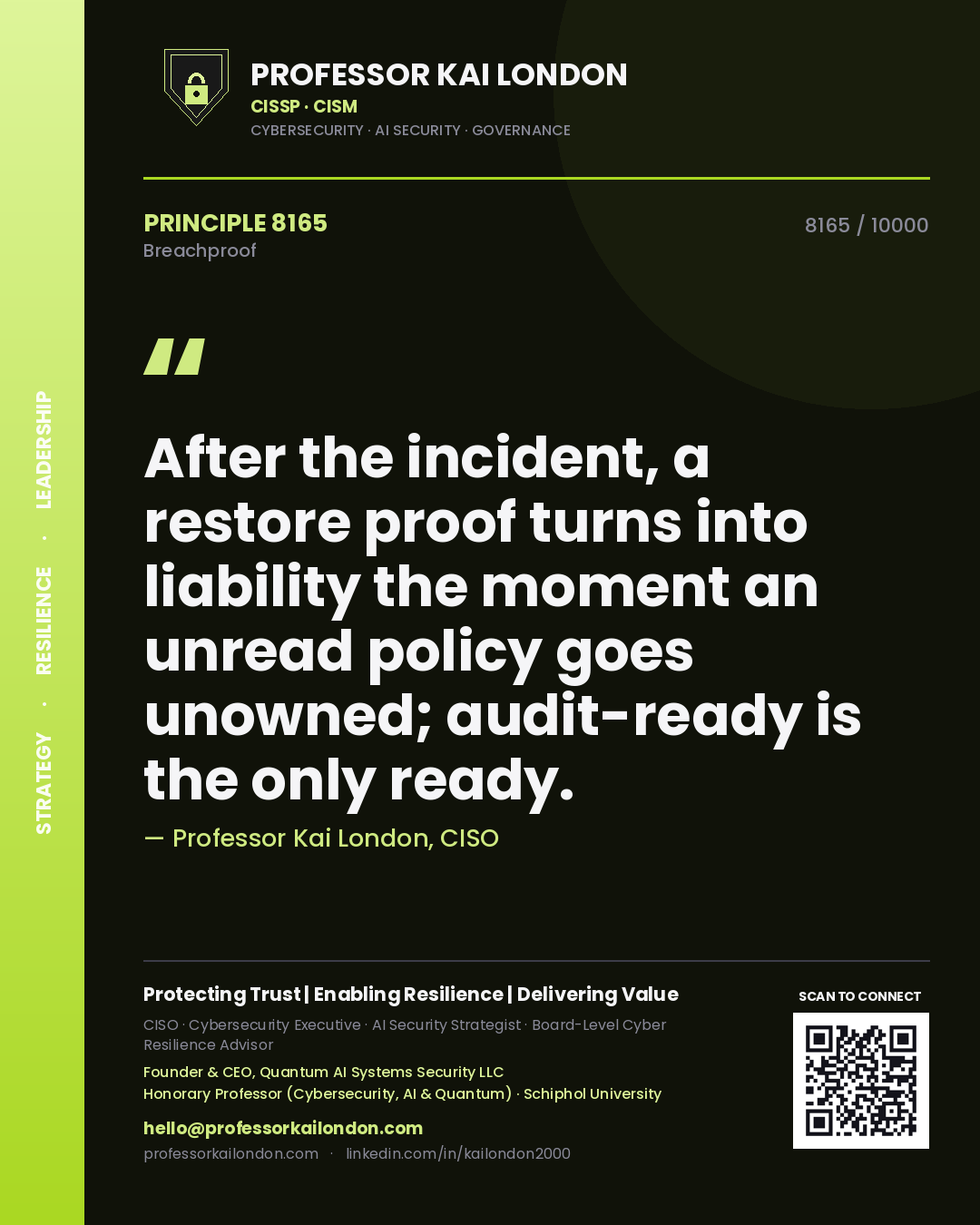 Quote card by Professor Kai London reading 'After the incident, a restore proof turns into liability the moment an unread policy goes unowned; audit-ready is the only ready.'. From the book Breachproof.