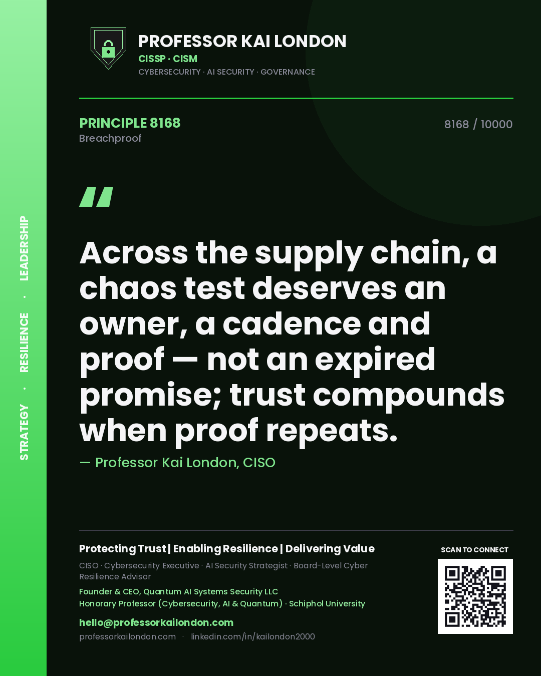 Quote card by Professor Kai London reading 'Across the supply chain, a chaos test deserves an owner, a cadence and proof — not an expired promise; trust compounds when proof repeats.'. From the book Breachproof.