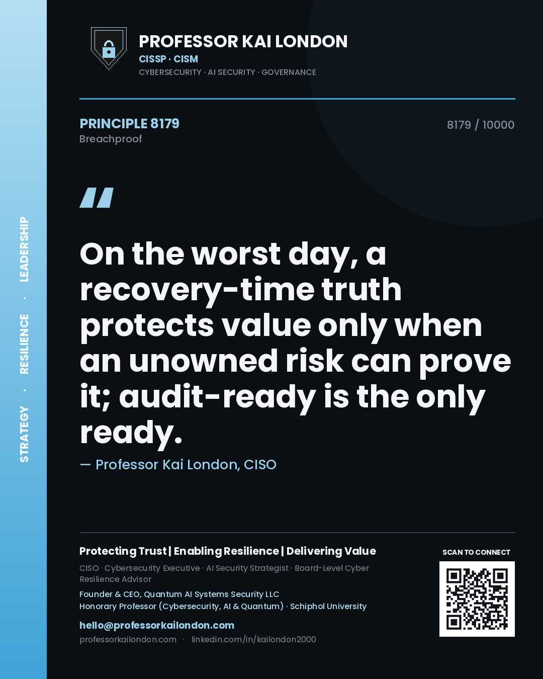 Quote card by Professor Kai London reading 'On the worst day, a recovery-time truth protects value only when an unowned risk can prove it; audit-ready is the only ready.'. From the book Breachproof.