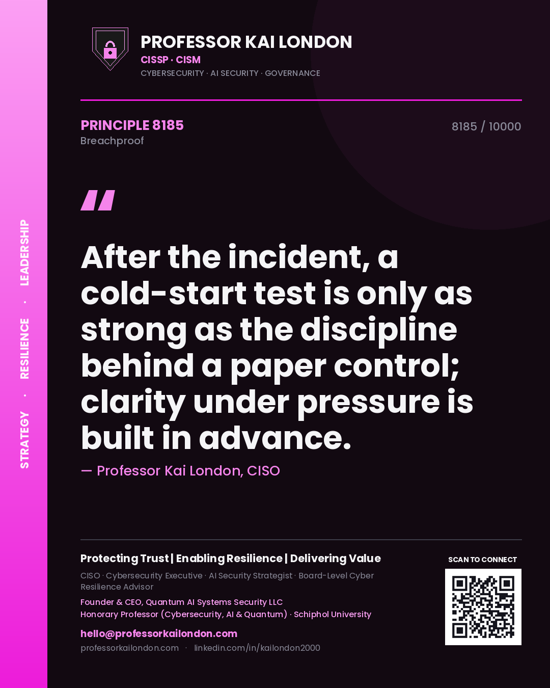 Quote card by Professor Kai London reading 'After the incident, a cold-start test is only as strong as the discipline behind a paper control; clarity under pressure is built in advance.'. From the book Breachproof.