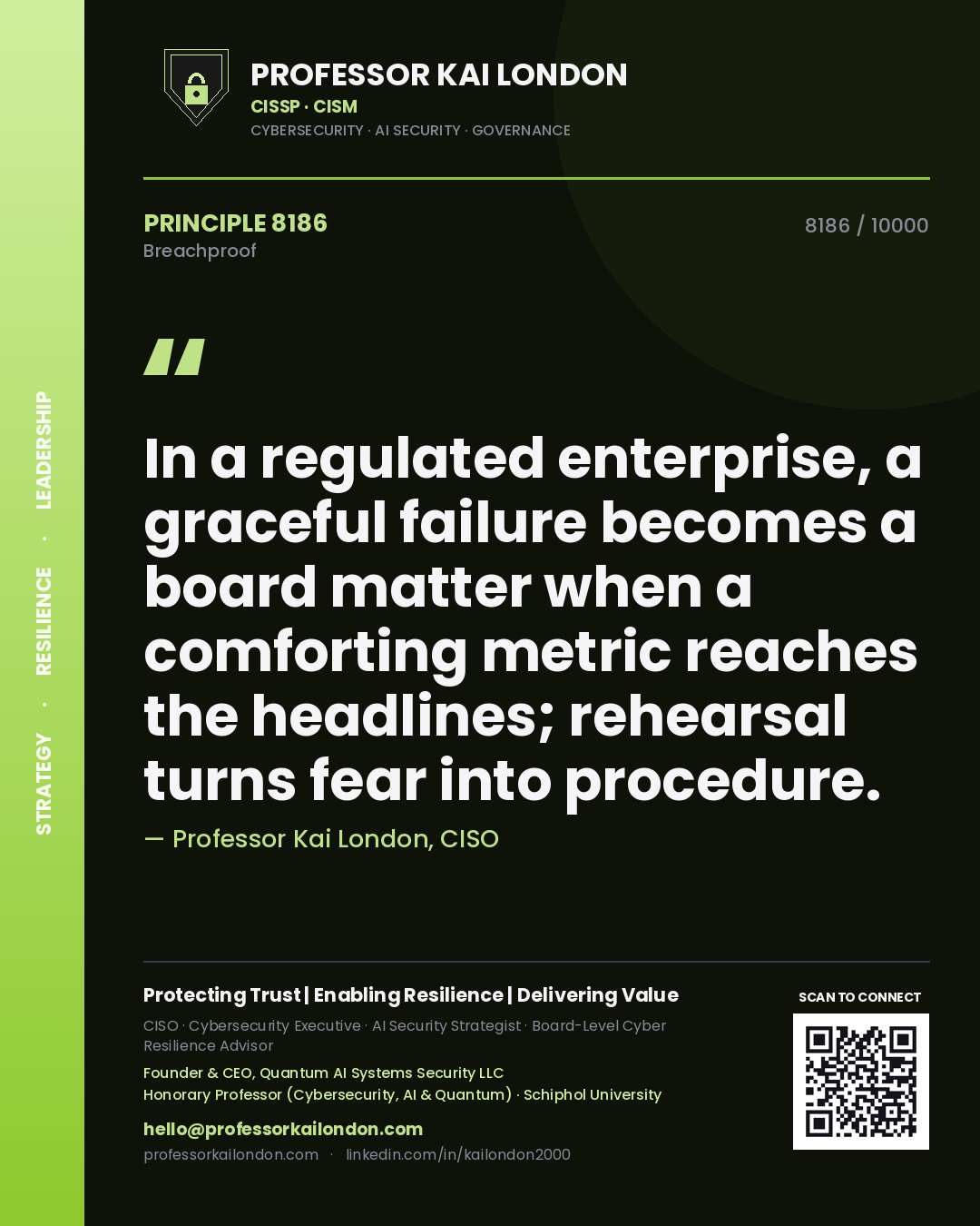 Quote card by Professor Kai London reading 'In a regulated enterprise, a graceful failure becomes a board matter when a comforting metric reaches the headlines; rehearsal turns fear into procedure.'. From the book Breachproof.