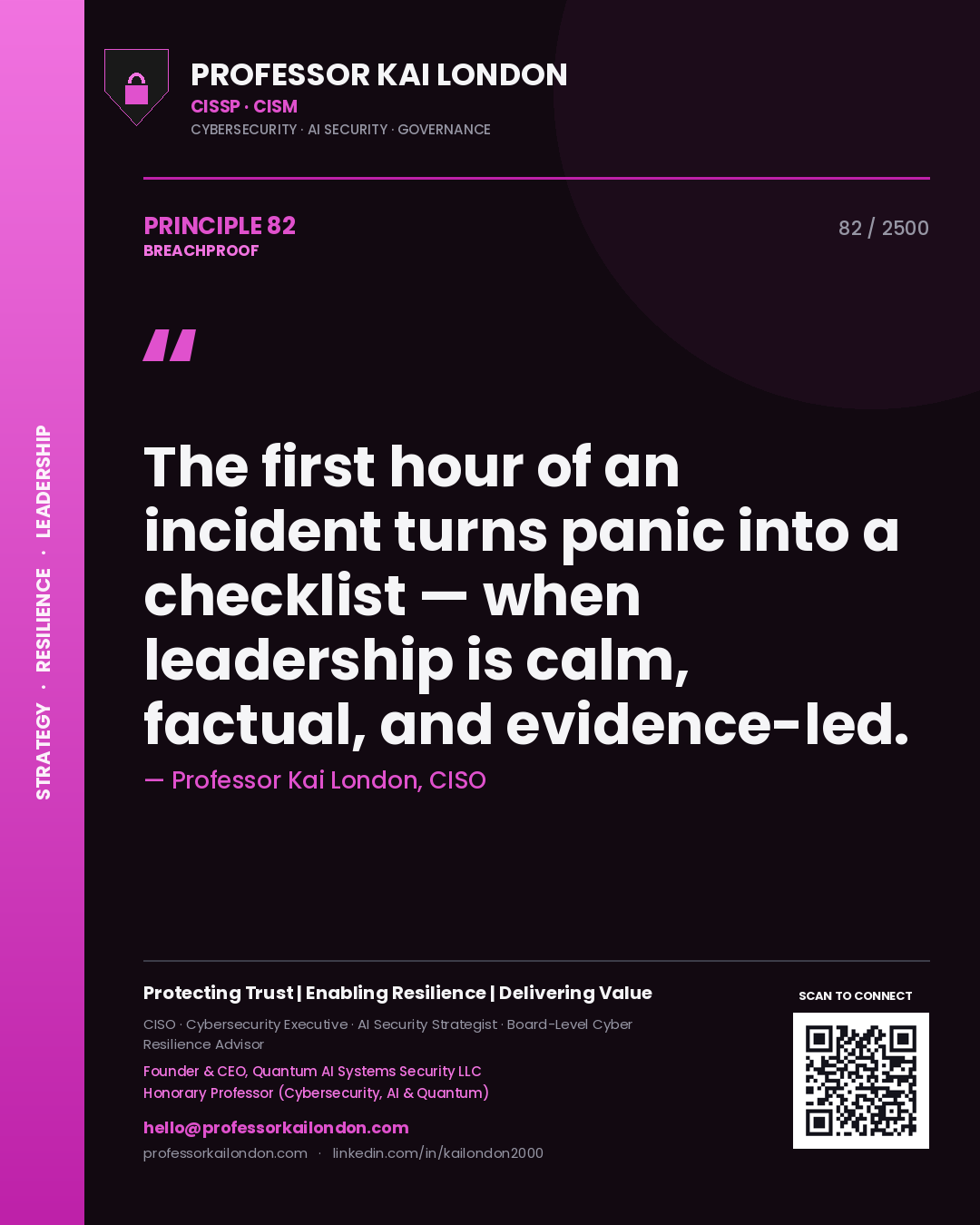 Professor Kai London principle 82: The first hour of an incident turns panic into a checklist — when leadership is calm, factual, and evidence-led.
