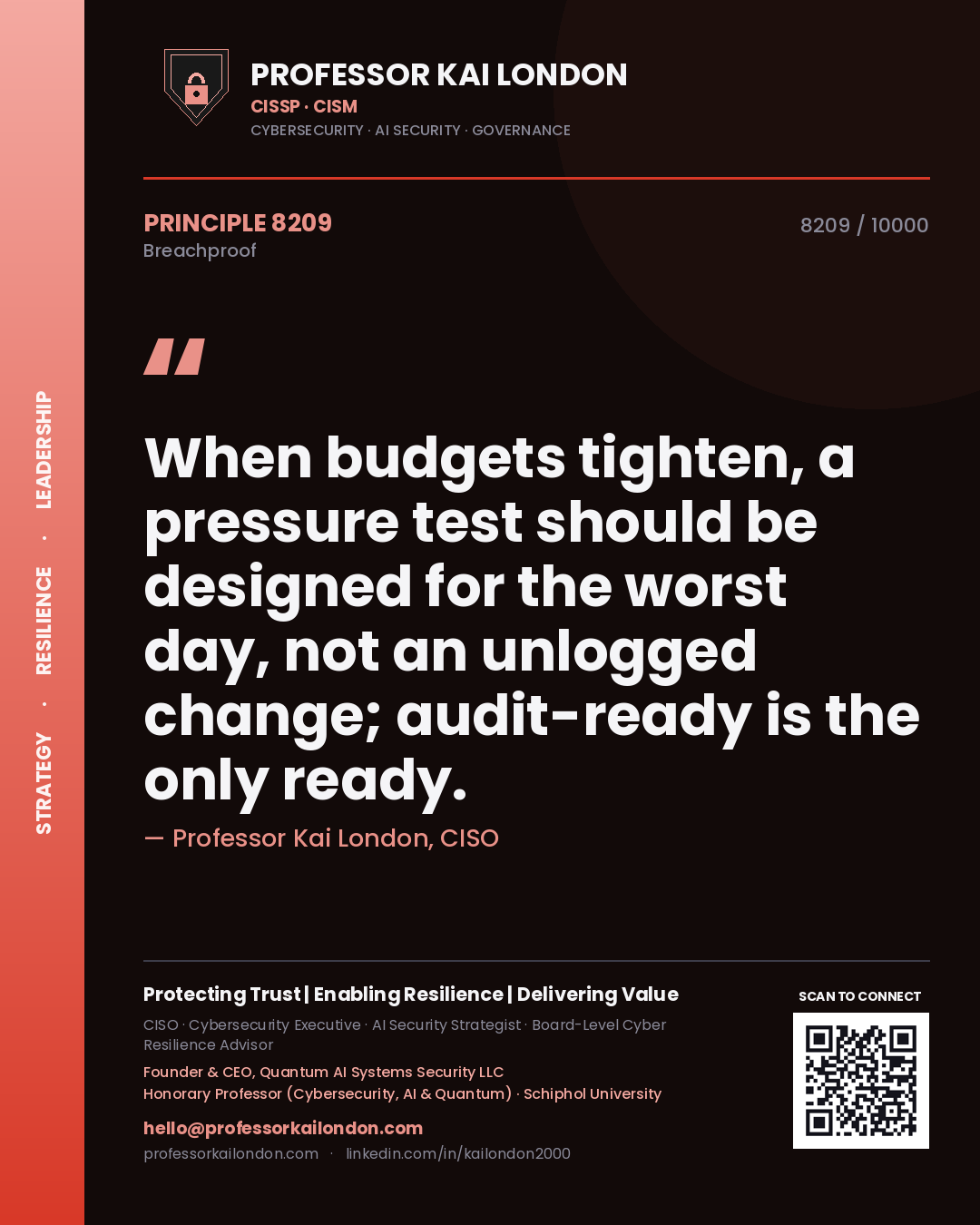 Quote card by Professor Kai London reading 'When budgets tighten, a pressure test should be designed for the worst day, not an unlogged change; audit-ready is the only ready.'. From the book Breachproof.