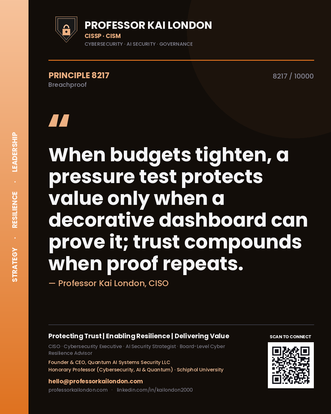 Quote card by Professor Kai London reading 'When budgets tighten, a pressure test protects value only when a decorative dashboard can prove it; trust compounds when proof repeats.'. From the book Breachproof.