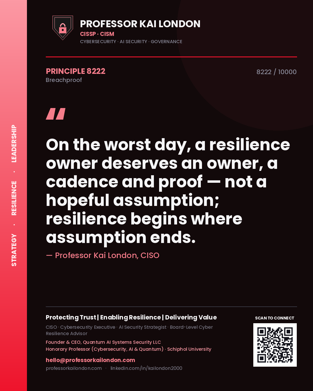 Quote card by Professor Kai London reading 'On the worst day, a resilience owner deserves an owner, a cadence and proof — not a hopeful assumption; resilience begins where assumption ends.'. From the book Breachproof.