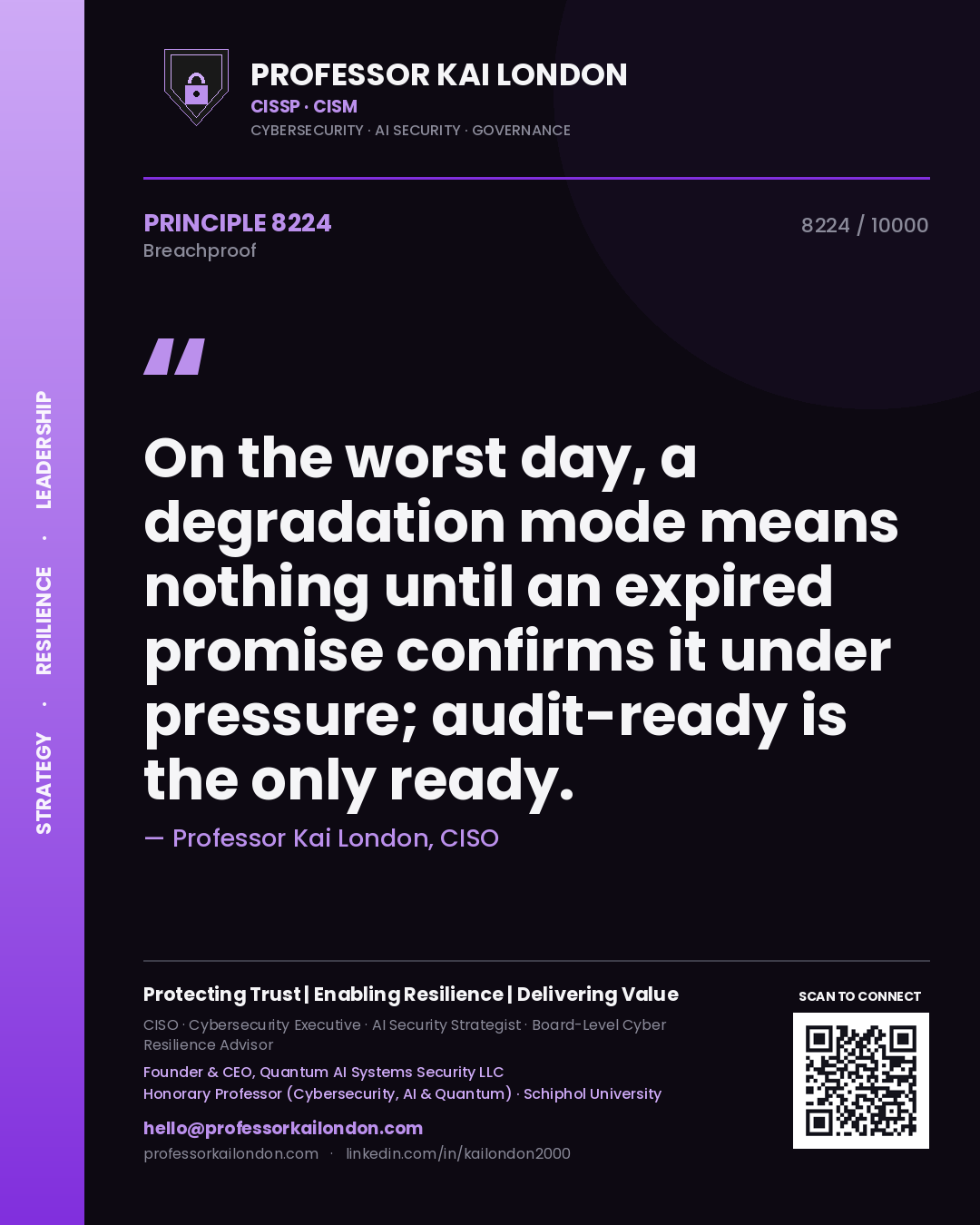 Quote card by Professor Kai London reading 'On the worst day, a degradation mode means nothing until an expired promise confirms it under pressure; audit-ready is the only ready.'. From the book Breachproof.