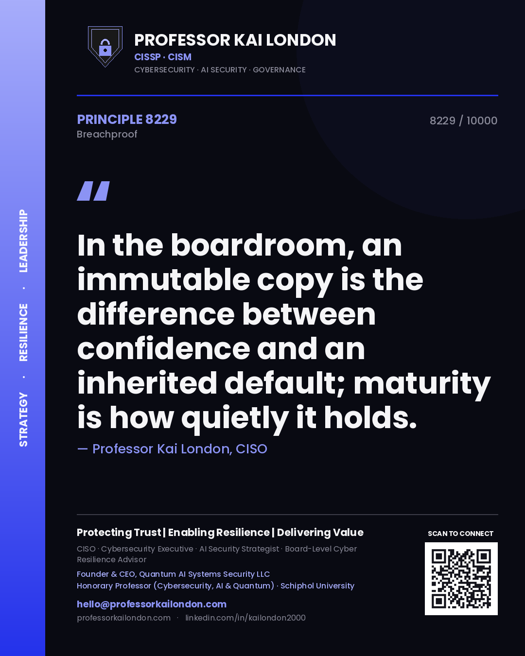 Quote card by Professor Kai London reading 'In the boardroom, an immutable copy is the difference between confidence and an inherited default; maturity is how quietly it holds.'. From the book Breachproof.