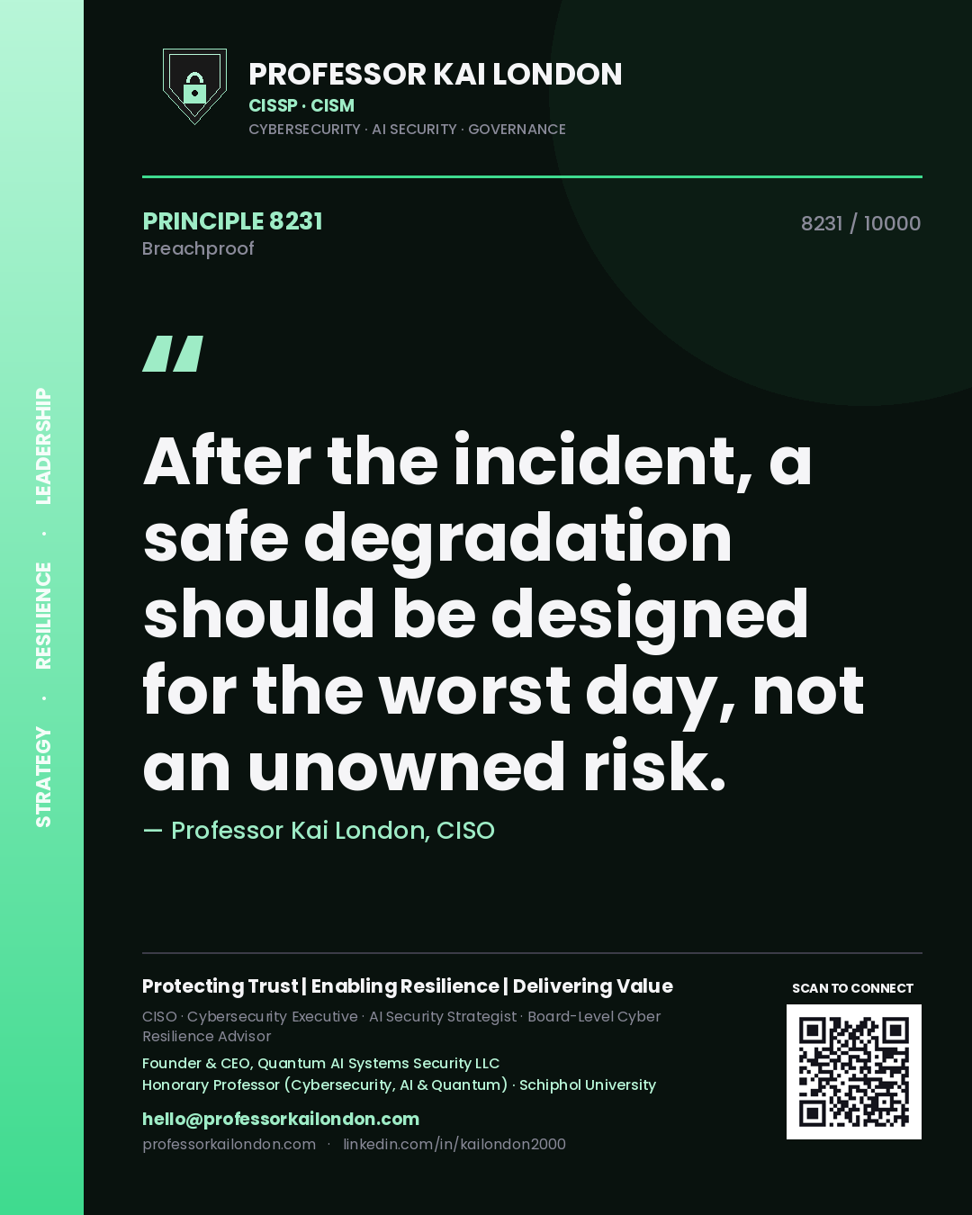 Quote card by Professor Kai London reading 'After the incident, a safe degradation should be designed for the worst day, not an unowned risk.'. From the book Breachproof.