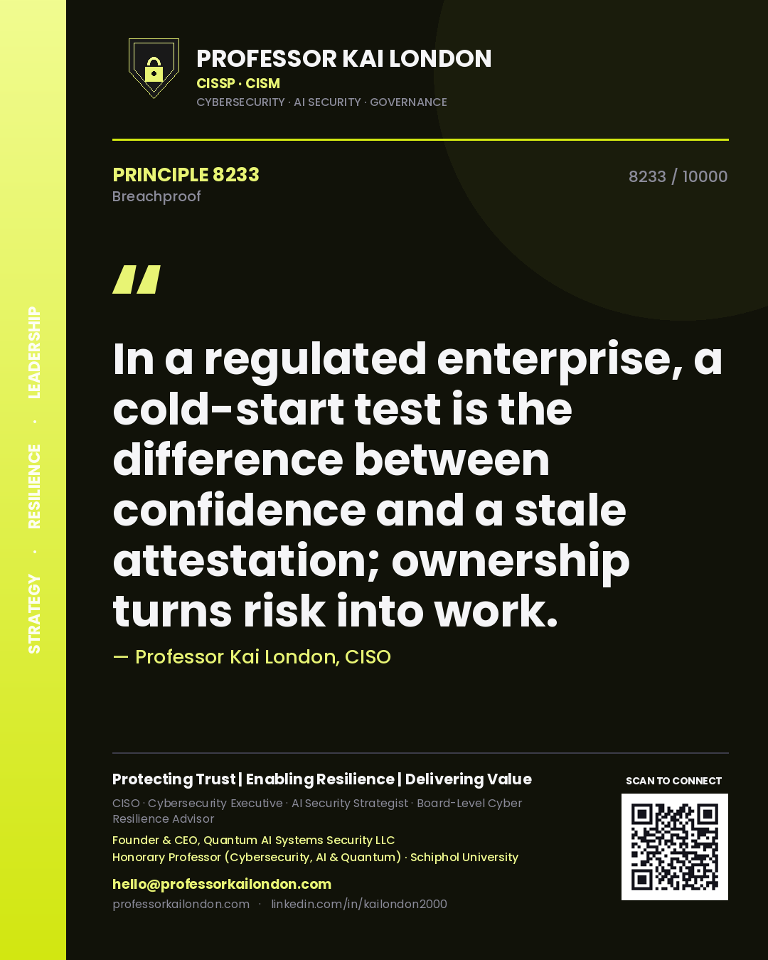 Quote card by Professor Kai London reading 'In a regulated enterprise, a cold-start test is the difference between confidence and a stale attestation; ownership turns risk into work.'. From the book Breachproof.