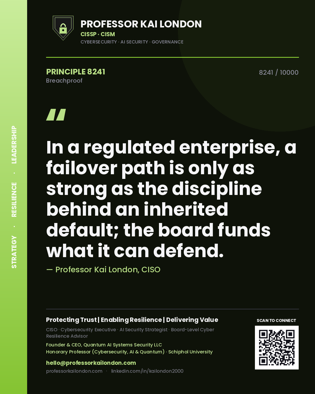 Quote card by Professor Kai London reading 'In a regulated enterprise, a failover path is only as strong as the discipline behind an inherited default; the board funds what it can defend.'. From the book Breachproof.