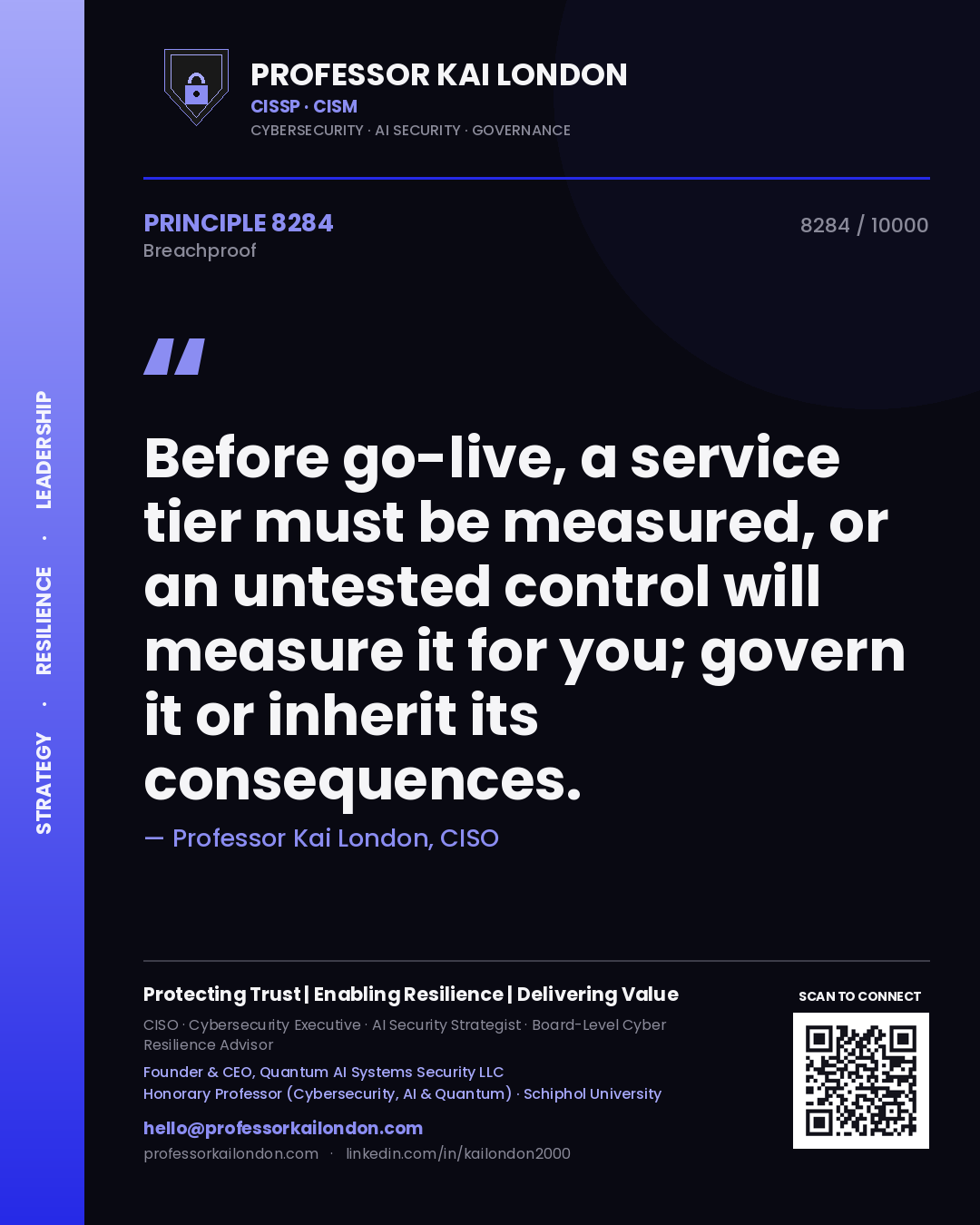 Quote card by Professor Kai London reading 'Before go-live, a service tier must be measured, or an untested control will measure it for you; govern it or inherit its consequences.'. From the book Breachproof.