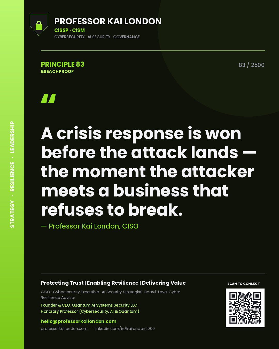 Professor Kai London principle 83: A crisis response is won before the attack lands — the moment the attacker meets a business that refuses to break.
