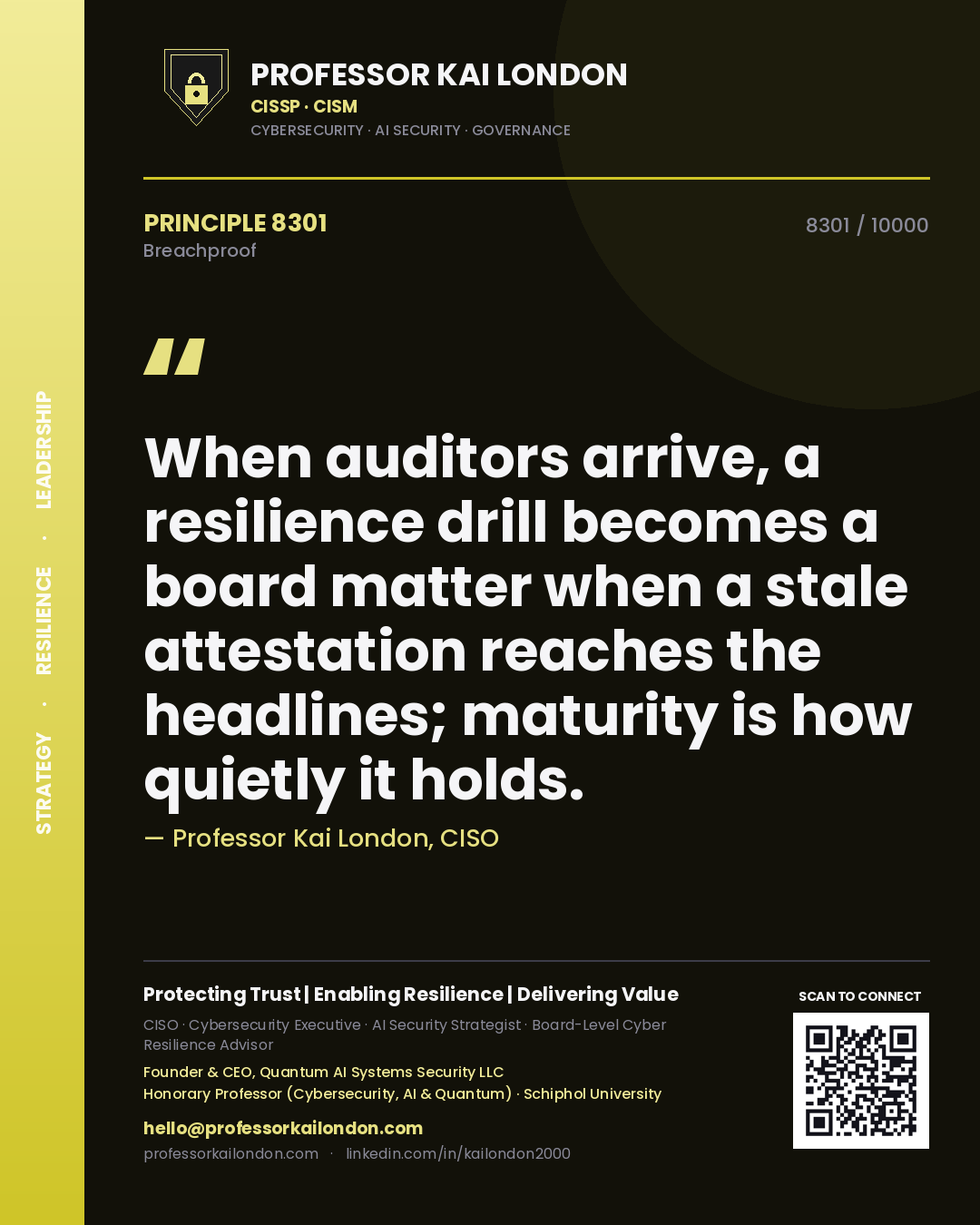 Professor Kai London principle 8301: When auditors arrive, a resilience drill becomes a board matter when a stale attestation reaches the headlines; maturity is how quietly it holds.
