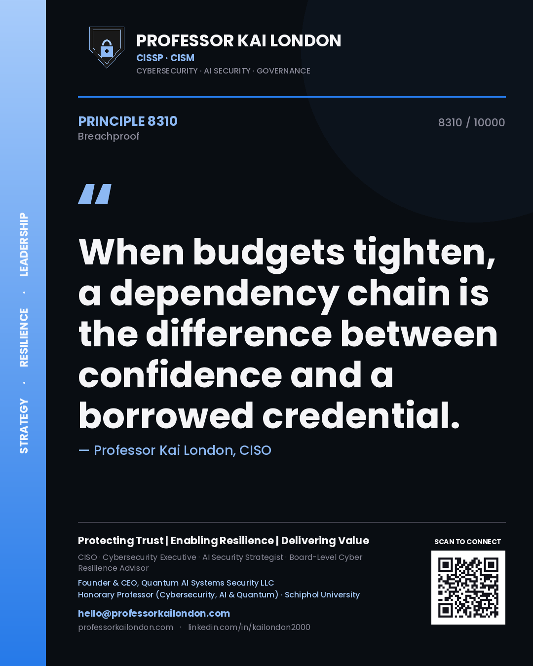 Quote card by Professor Kai London reading 'When budgets tighten, a dependency chain is the difference between confidence and a borrowed credential.'. From the book Breachproof.
