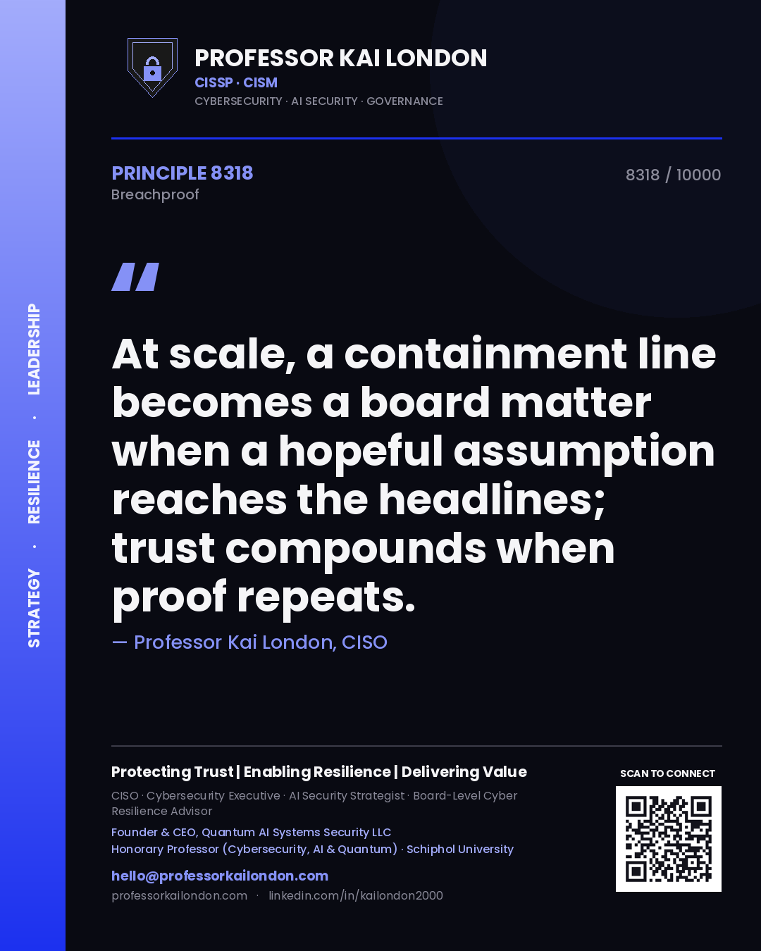 Quote card by Professor Kai London reading 'At scale, a containment line becomes a board matter when a hopeful assumption reaches the headlines; trust compounds when proof repeats.'. From the book Breachproof.