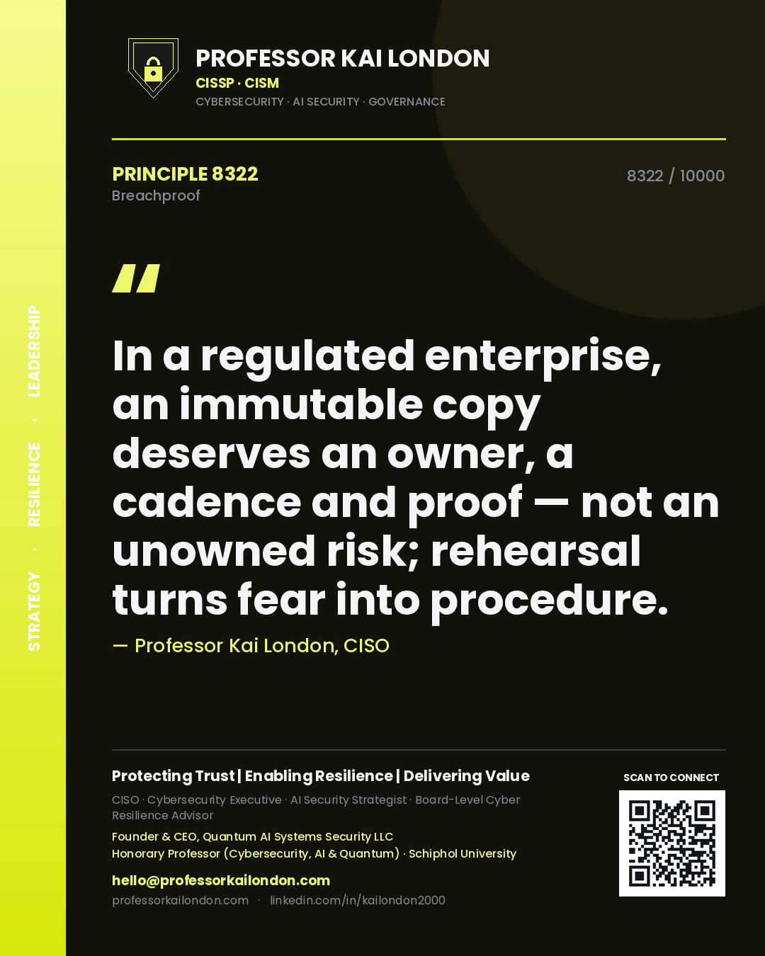 Professor Kai London principle 8322: In a regulated enterprise, an immutable copy deserves an owner, a cadence and proof — not an unowned risk; rehearsal turns fear into procedure.