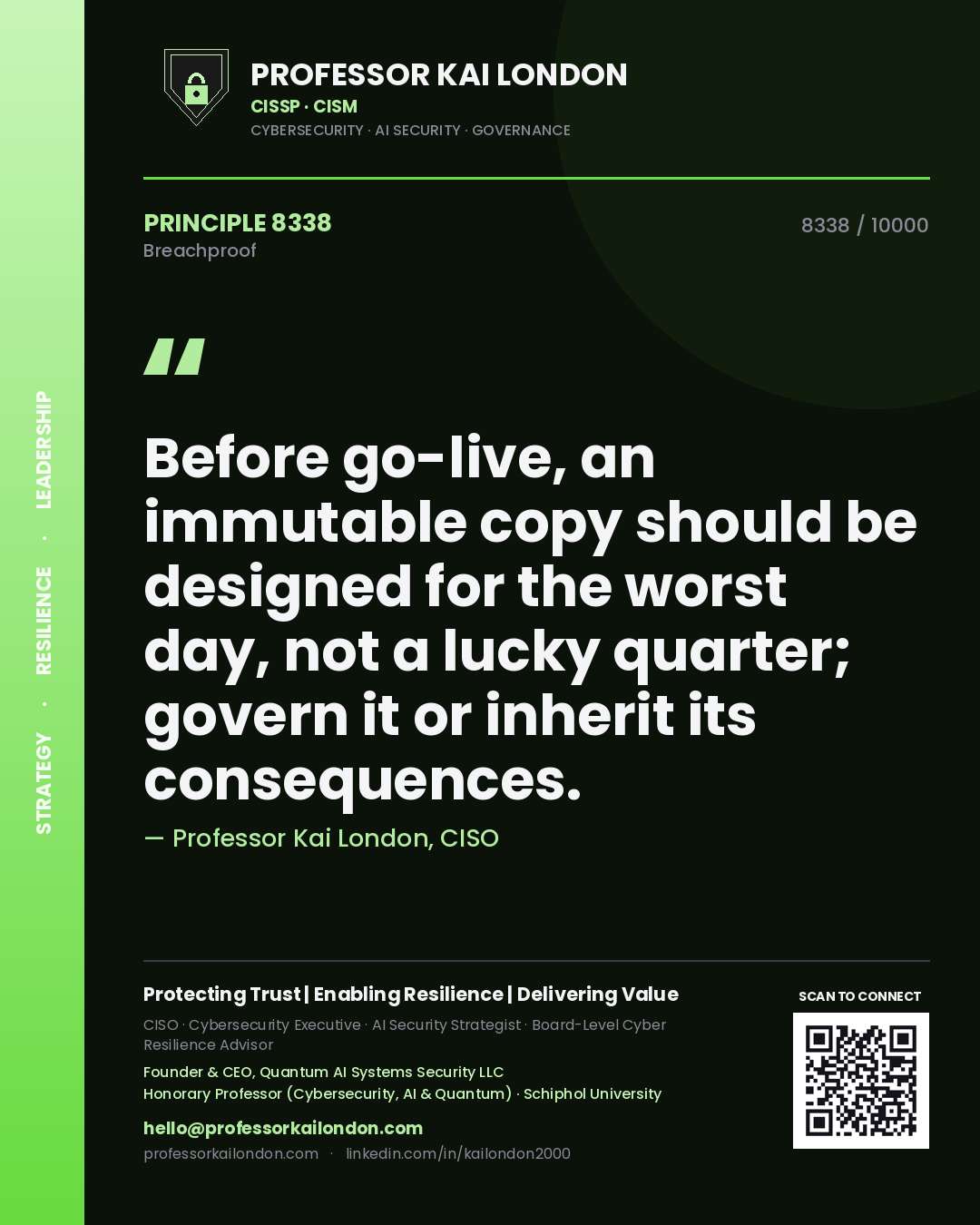 Quote card by Professor Kai London reading 'Before go-live, an immutable copy should be designed for the worst day, not a lucky quarter; govern it or inherit its consequences.'. From the book Breachproof.