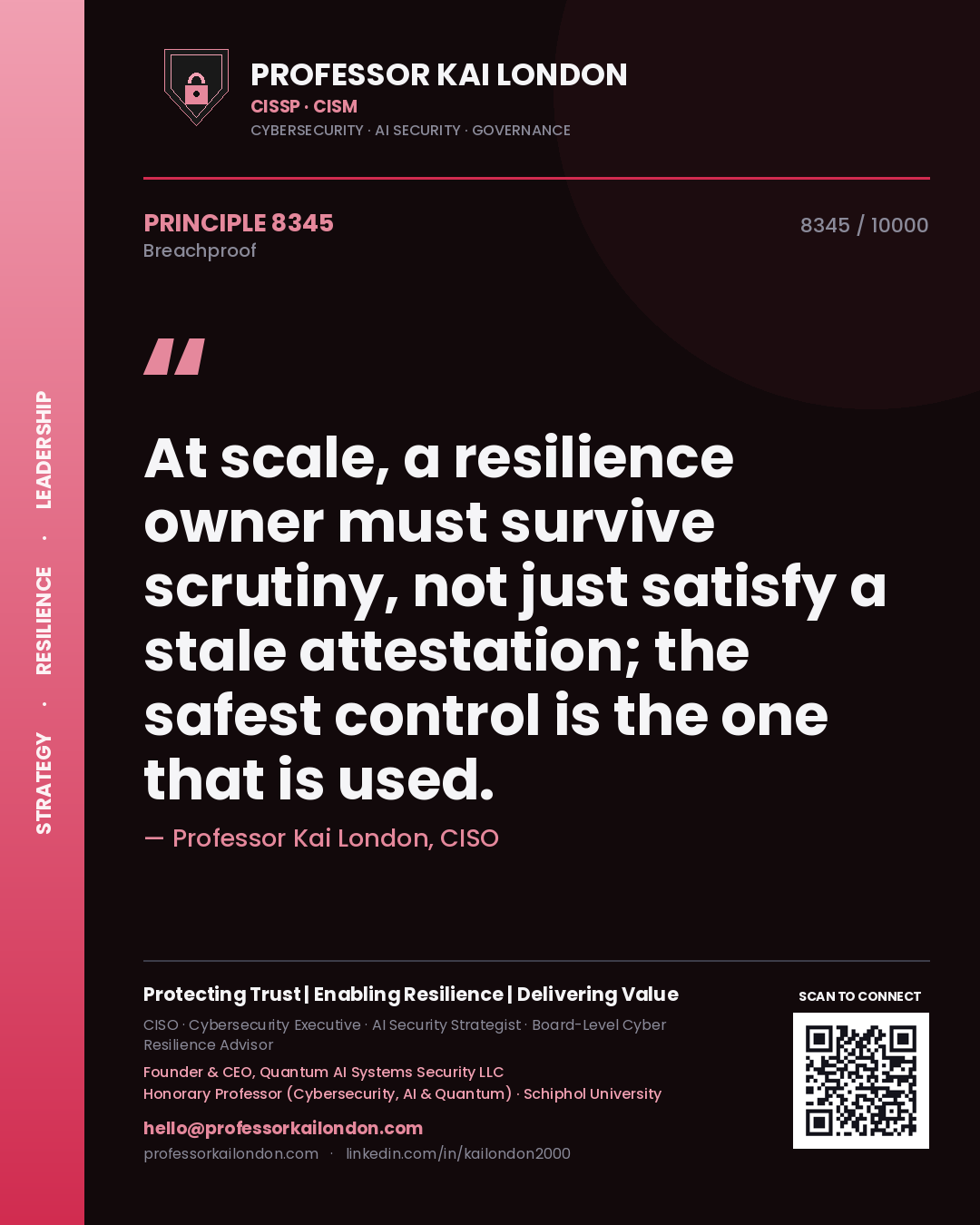 Quote card by Professor Kai London reading 'At scale, a resilience owner must survive scrutiny, not just satisfy a stale attestation; the safest control is the one that is used.'. From the book Breachproof.