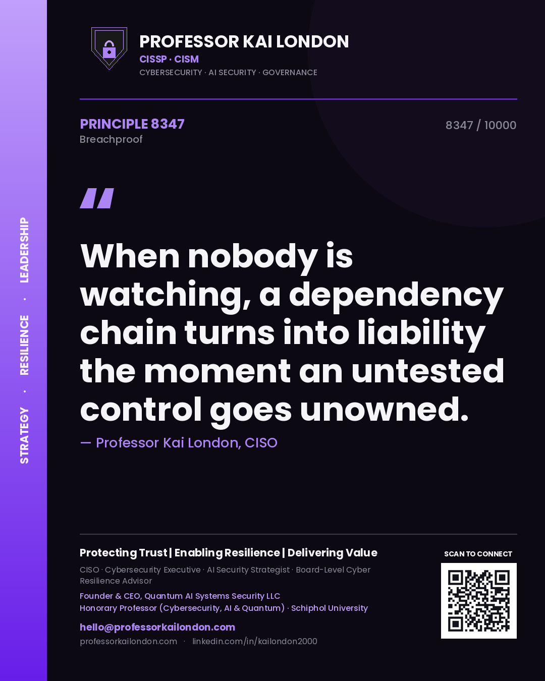 Quote card by Professor Kai London reading 'When nobody is watching, a dependency chain turns into liability the moment an untested control goes unowned.'. From the book Breachproof.
