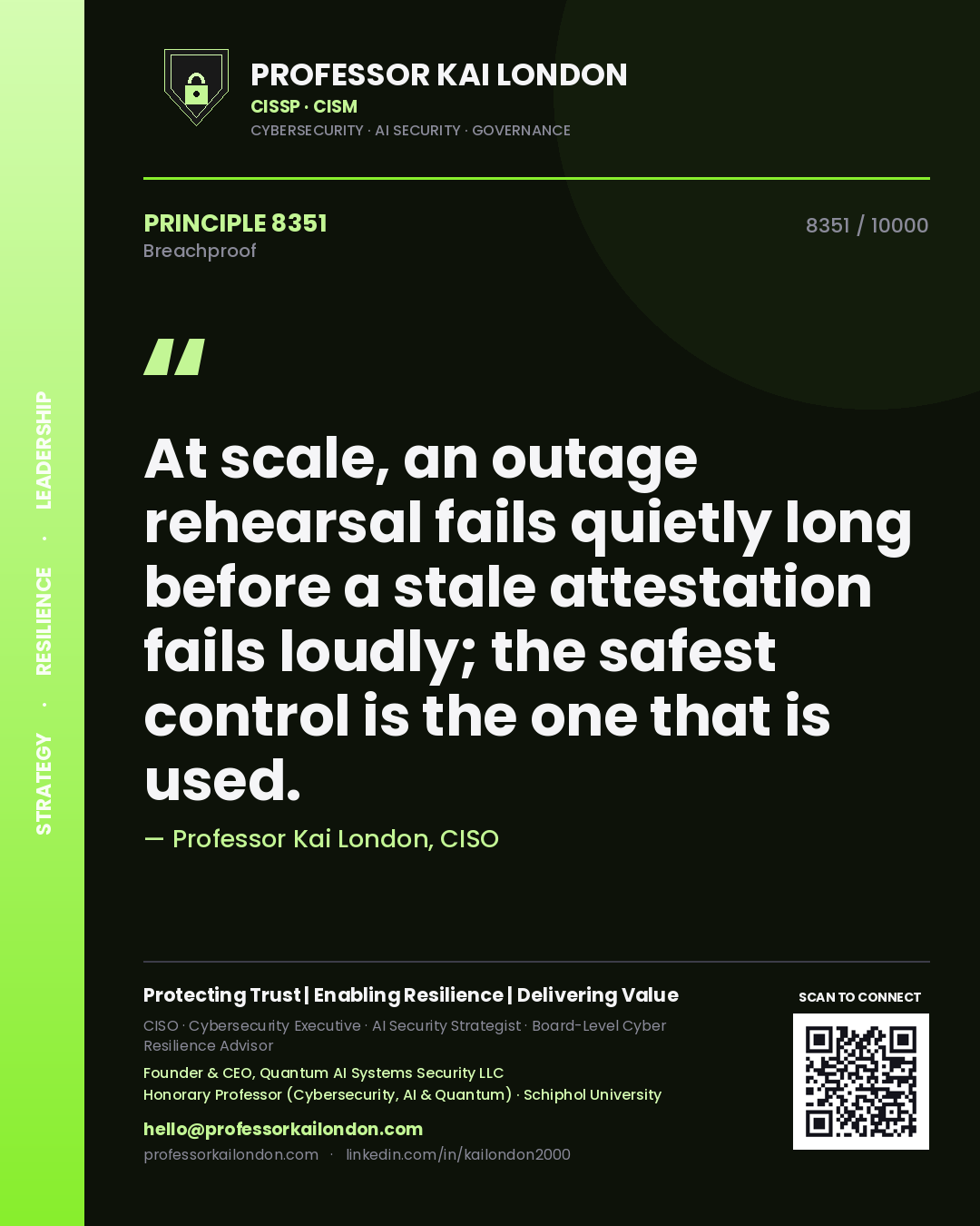 Quote card by Professor Kai London reading 'At scale, an outage rehearsal fails quietly long before a stale attestation fails loudly; the safest control is the one that is used.'. From the book Breachproof.