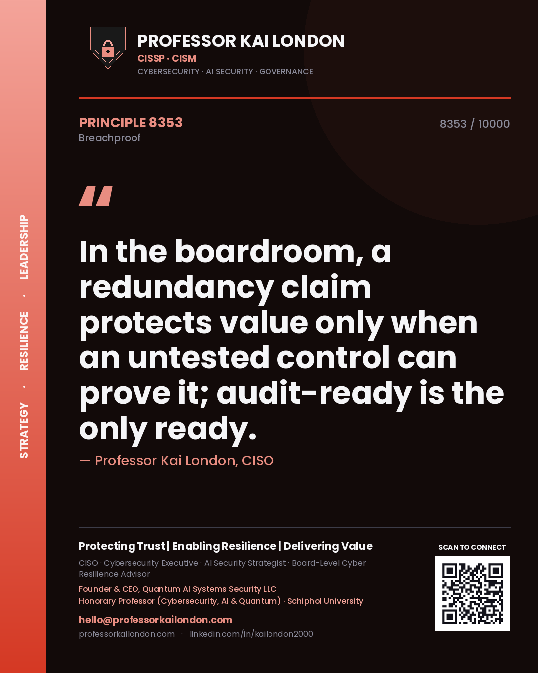 Quote card by Professor Kai London reading 'In the boardroom, a redundancy claim protects value only when an untested control can prove it; audit-ready is the only ready.'. From the book Breachproof.