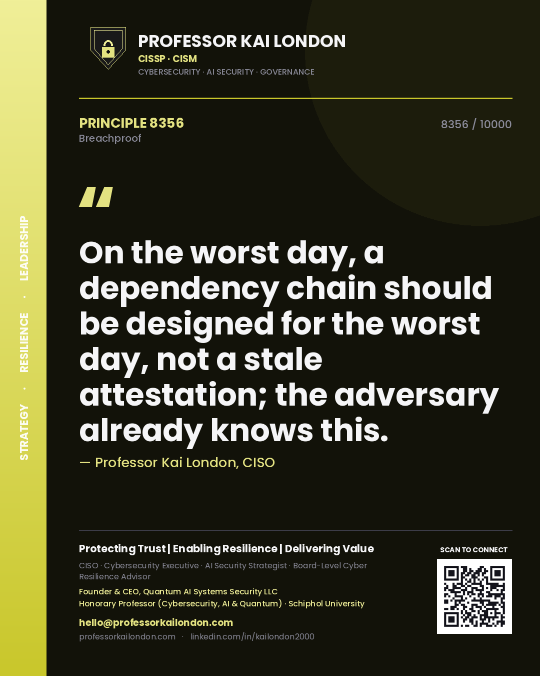 Quote card by Professor Kai London reading 'On the worst day, a dependency chain should be designed for the worst day, not a stale attestation; the adversary already knows this.'. From the book Breachproof.