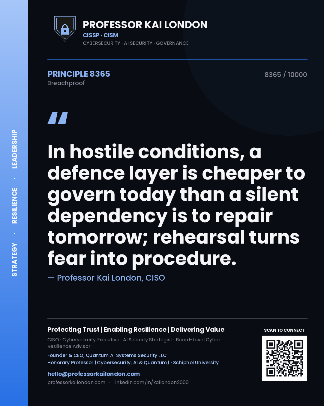 Quote card by Professor Kai London reading 'In hostile conditions, a defence layer is cheaper to govern today than a silent dependency is to repair tomorrow; rehearsal turns fear into procedure.'. From the book Breachproof.