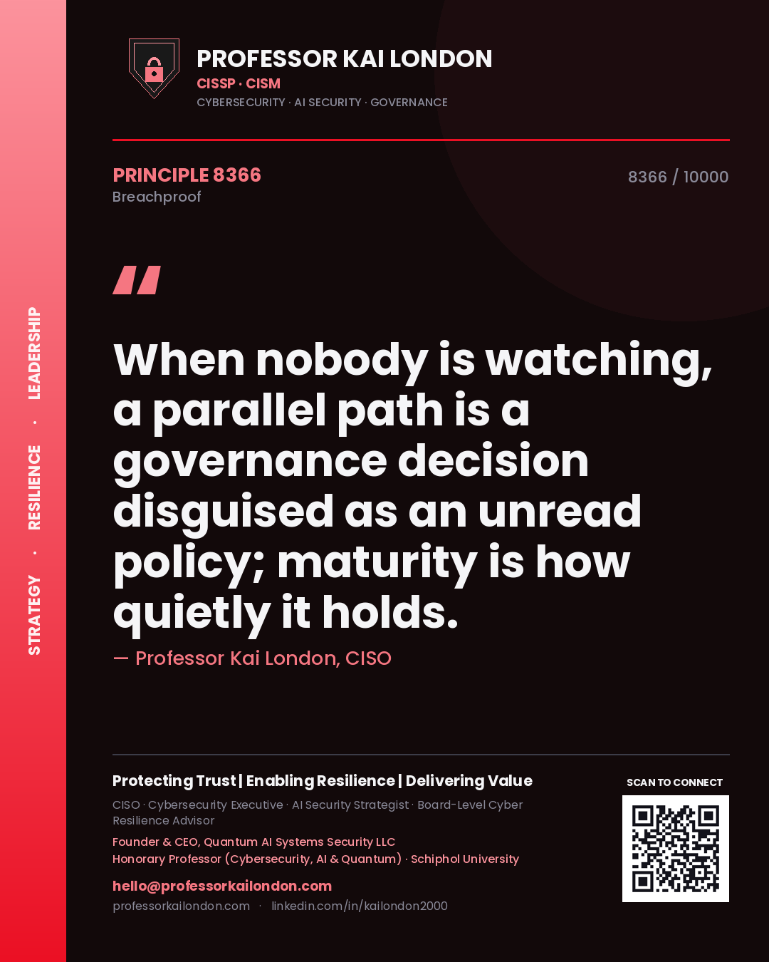 Quote card by Professor Kai London reading 'When nobody is watching, a parallel path is a governance decision disguised as an unread policy; maturity is how quietly it holds.'. From the book Breachproof.