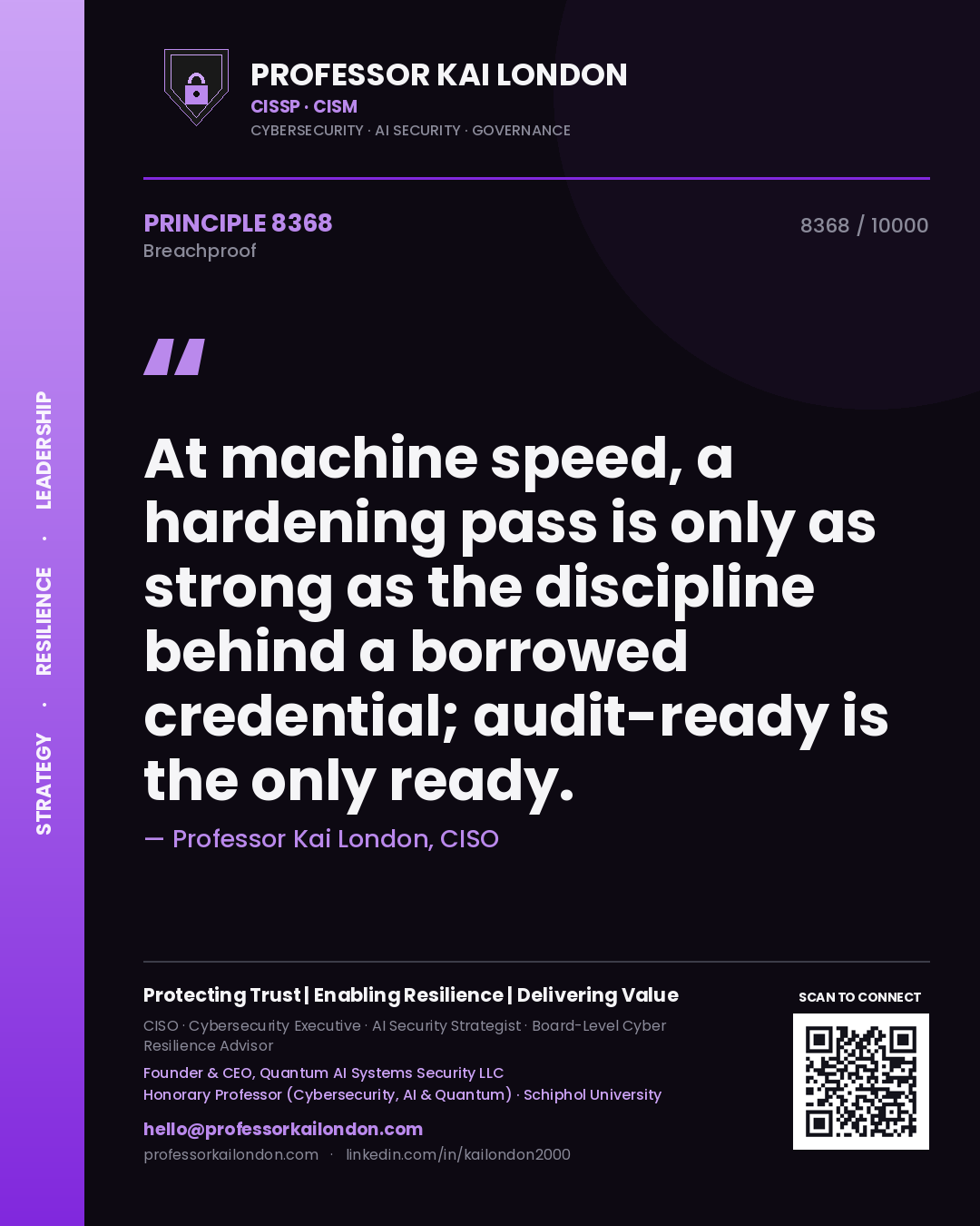 Quote card by Professor Kai London reading 'At machine speed, a hardening pass is only as strong as the discipline behind a borrowed credential; audit-ready is the only ready.'. From the book Breachproof.