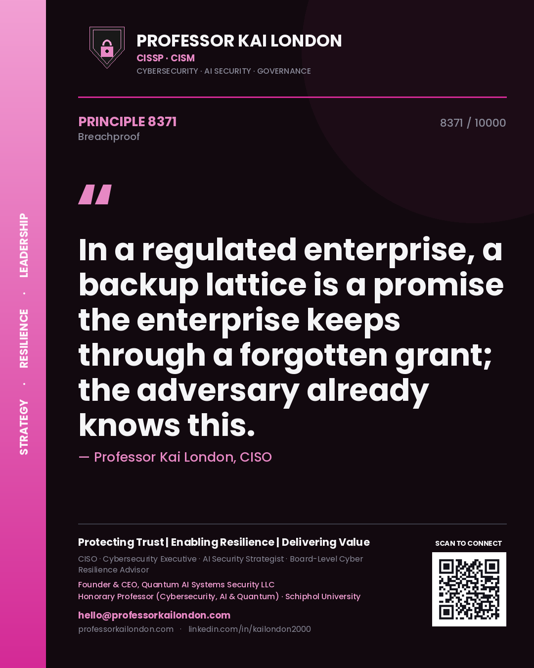 Quote card by Professor Kai London reading 'In a regulated enterprise, a backup lattice is a promise the enterprise keeps through a forgotten grant; the adversary already knows this.'. From the book Breachproof.