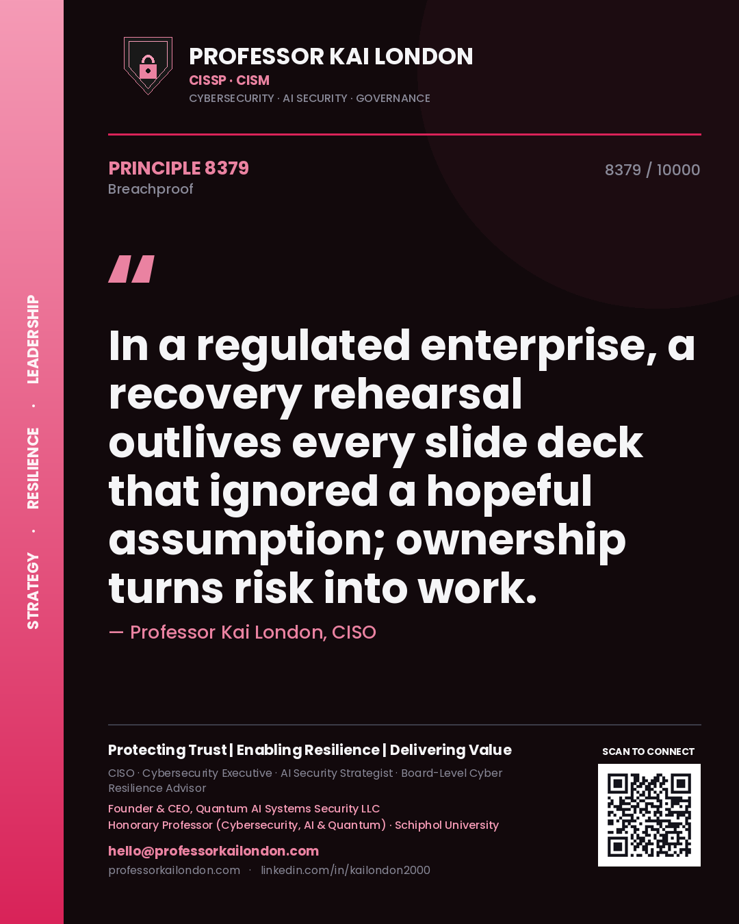 Quote card by Professor Kai London reading 'In a regulated enterprise, a recovery rehearsal outlives every slide deck that ignored a hopeful assumption; ownership turns risk into work.'. From the book Breachproof.
