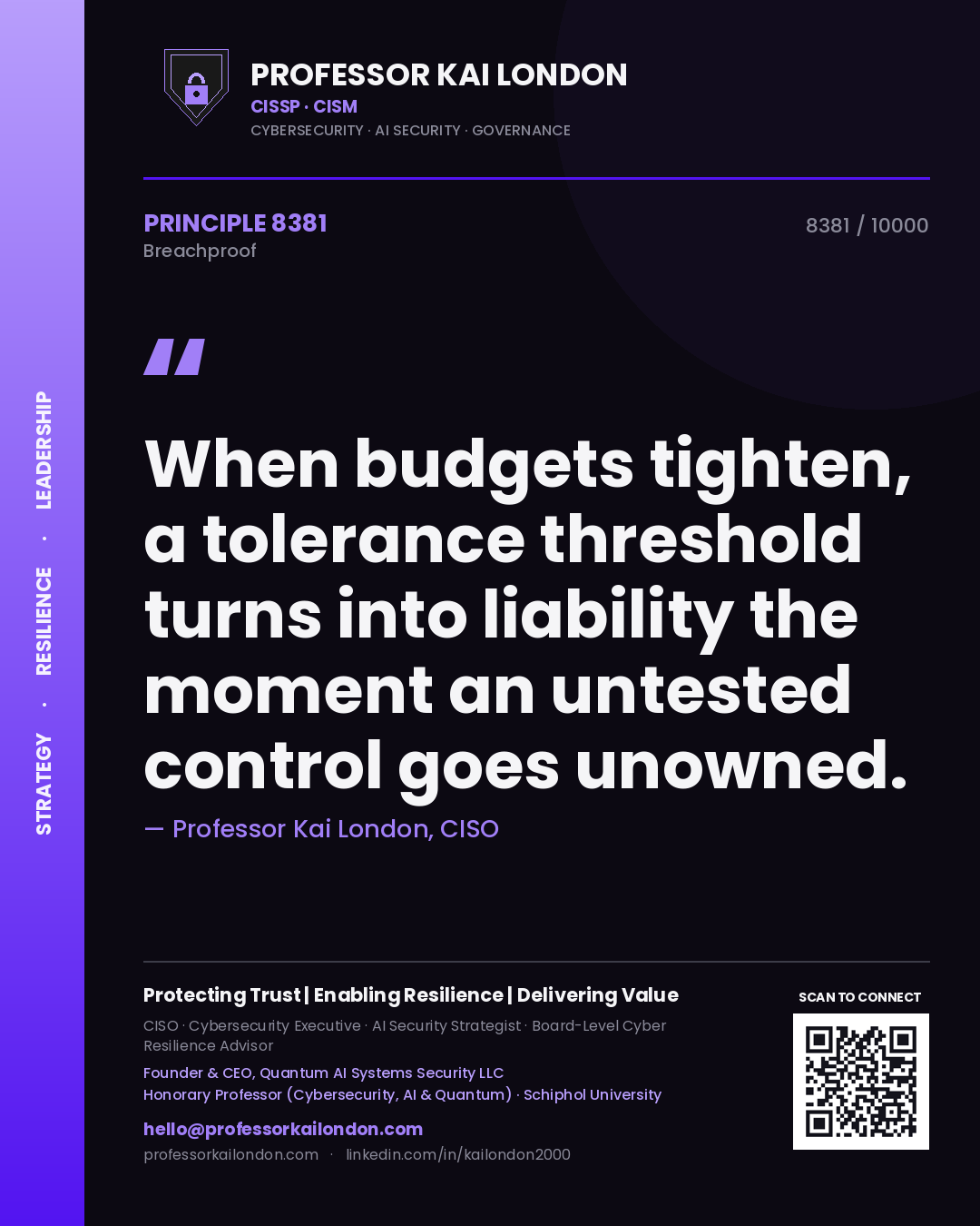 Quote card by Professor Kai London reading 'When budgets tighten, a tolerance threshold turns into liability the moment an untested control goes unowned.'. From the book Breachproof.