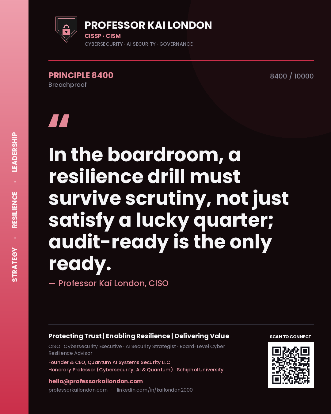 Quote card by Professor Kai London reading 'In the boardroom, a resilience drill must survive scrutiny, not just satisfy a lucky quarter; audit-ready is the only ready.'. From the book Breachproof.