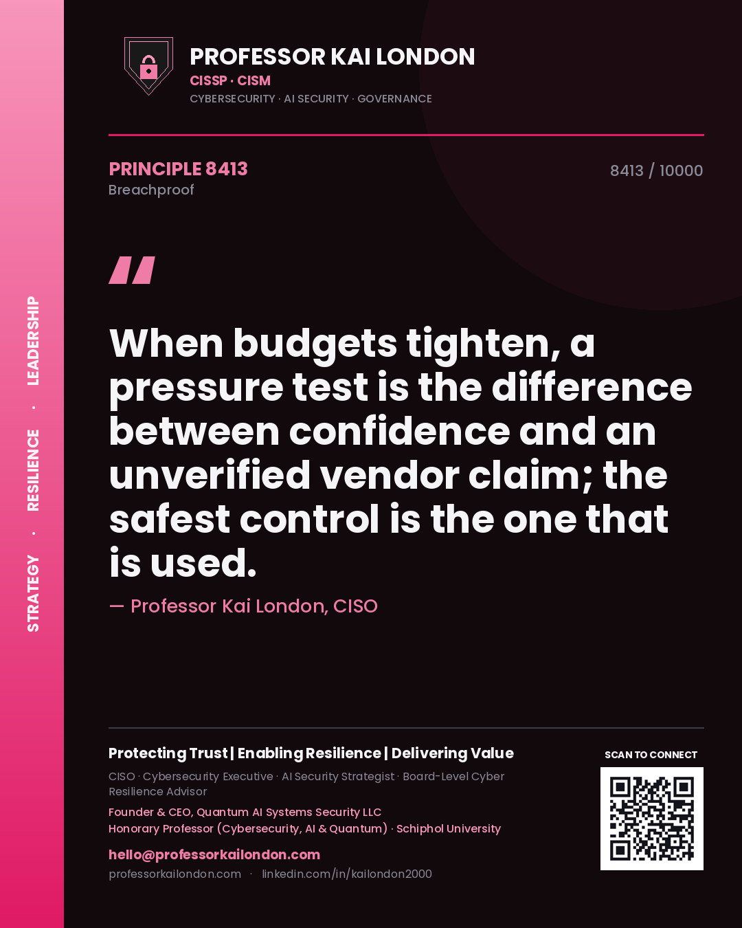 Professor Kai London principle 8413: When budgets tighten, a pressure test is the difference between confidence and an unverified vendor claim; the safest control is the one that is used.