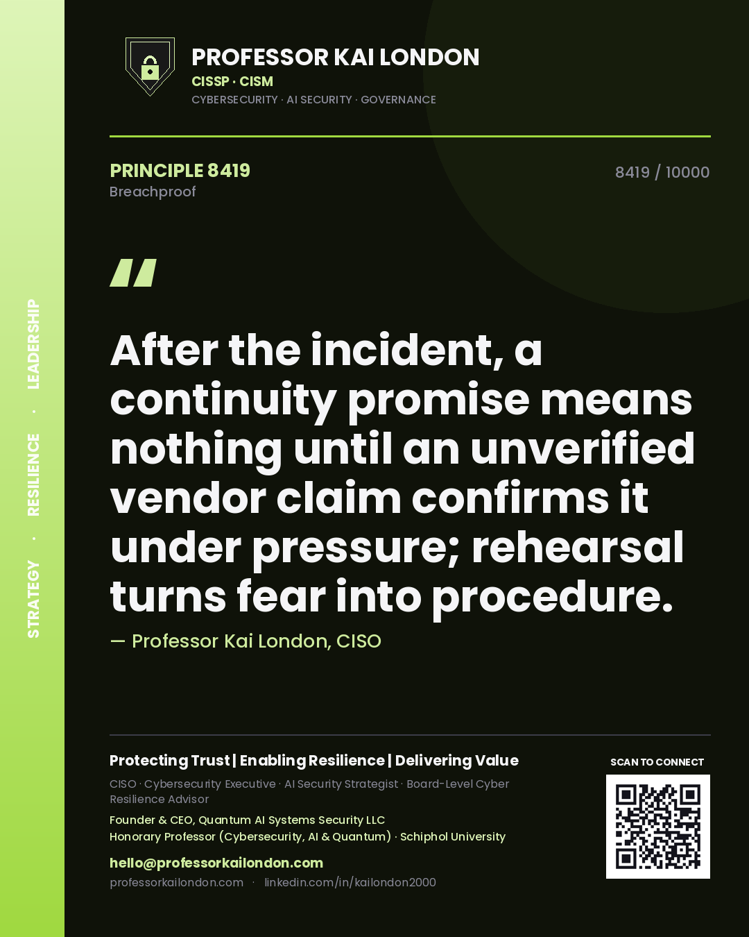 Quote card by Professor Kai London reading 'After the incident, a continuity promise means nothing until an unverified vendor claim confirms it under pressure; rehearsal turns fear into procedure.'. From the book Breachproof.
