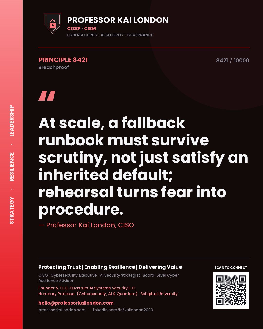 Quote card by Professor Kai London reading 'At scale, a fallback runbook must survive scrutiny, not just satisfy an inherited default; rehearsal turns fear into procedure.'. From the book Breachproof.