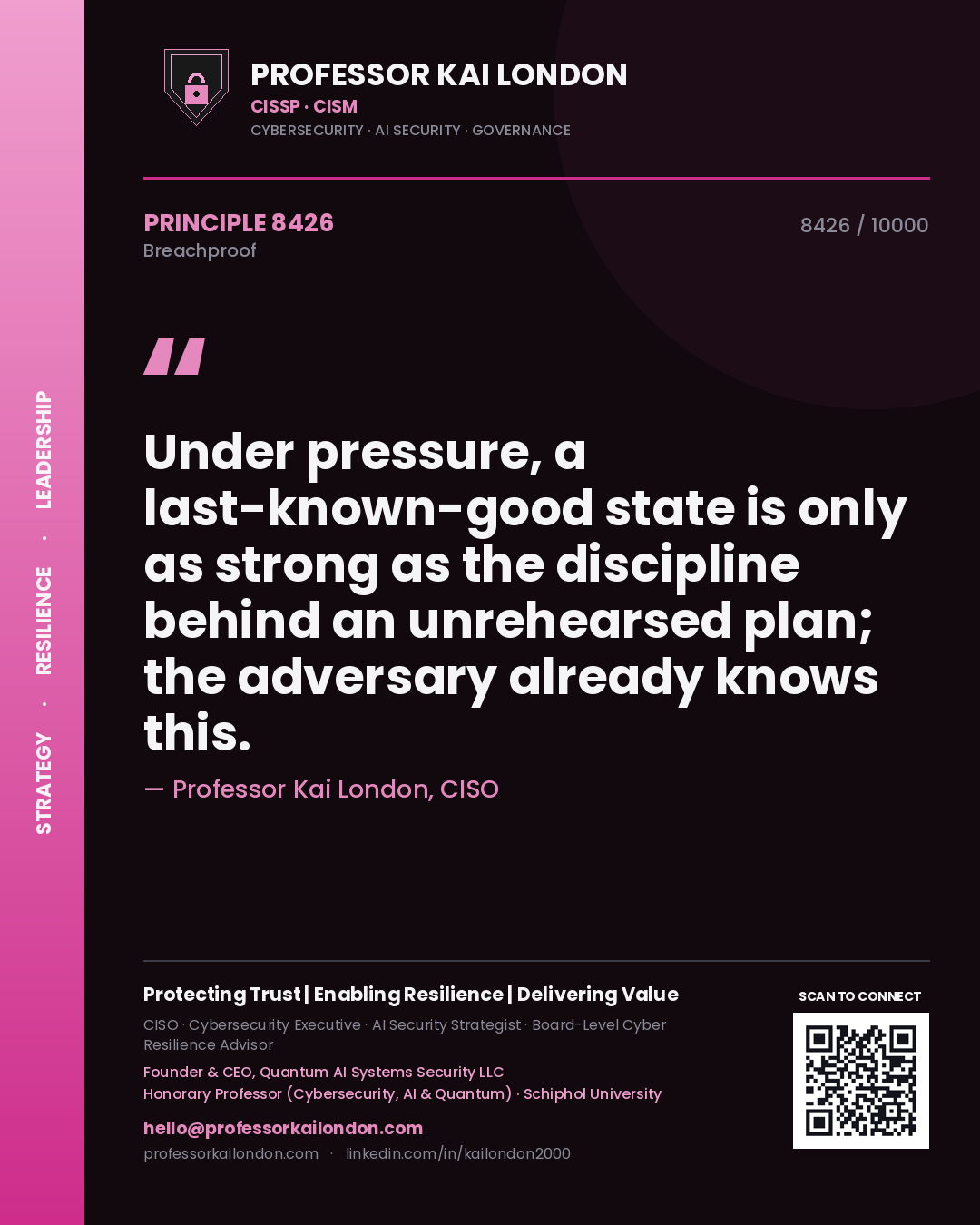 Quote card by Professor Kai London reading 'Under pressure, a last-known-good state is only as strong as the discipline behind an unrehearsed plan; the adversary already knows this.'. From the book Breachproof.