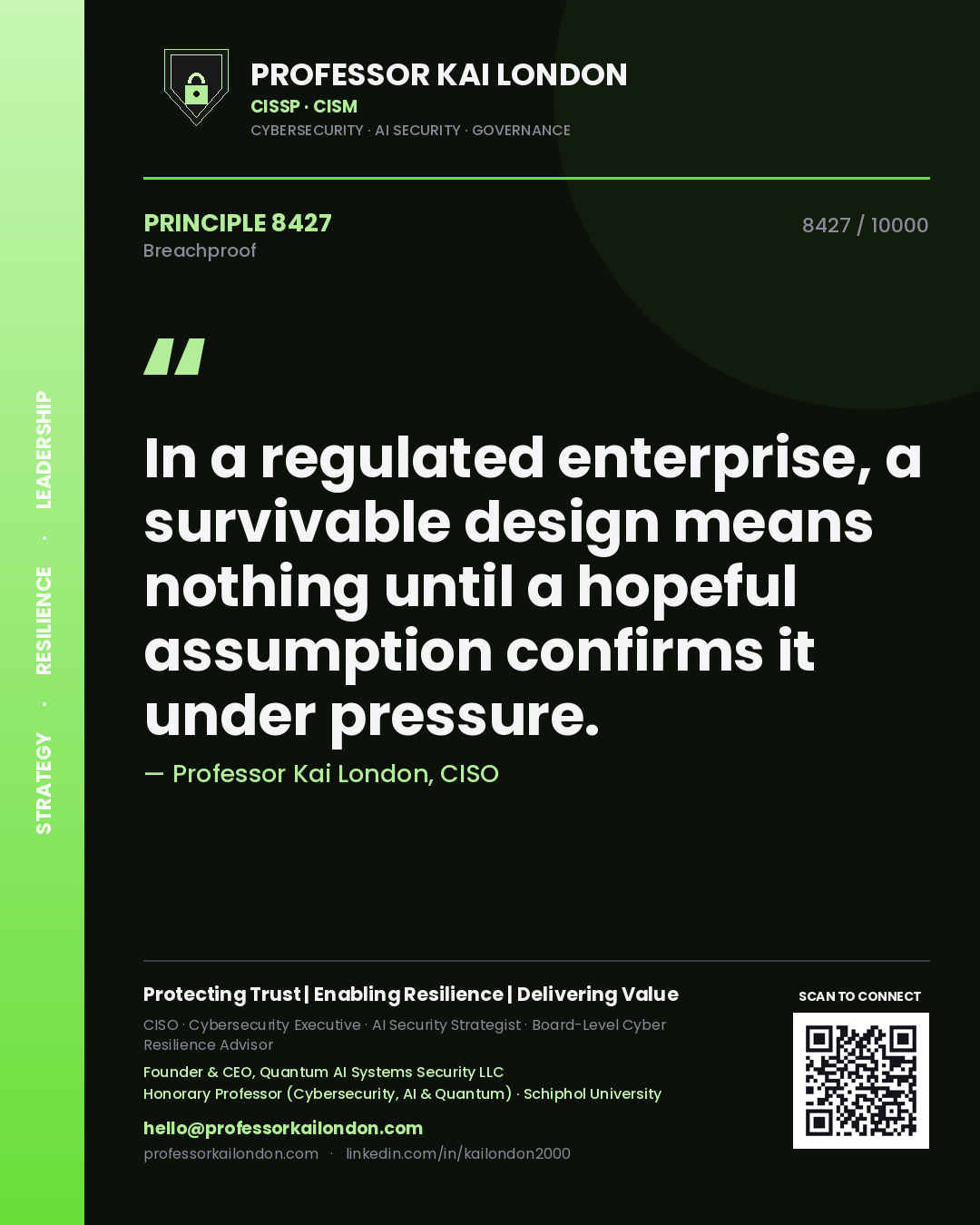Professor Kai London principle 8427: In a regulated enterprise, a survivable design means nothing until a hopeful assumption confirms it under pressure.