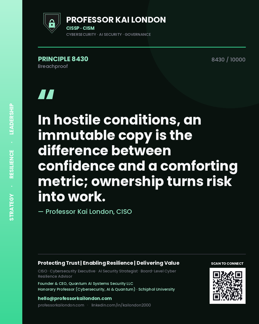 Quote card by Professor Kai London reading 'In hostile conditions, an immutable copy is the difference between confidence and a comforting metric; ownership turns risk into work.'. From the book Breachproof.