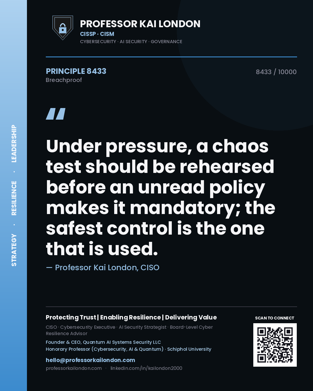 Quote card by Professor Kai London reading 'Under pressure, a chaos test should be rehearsed before an unread policy makes it mandatory; the safest control is the one that is used.'. From the book Breachproof.