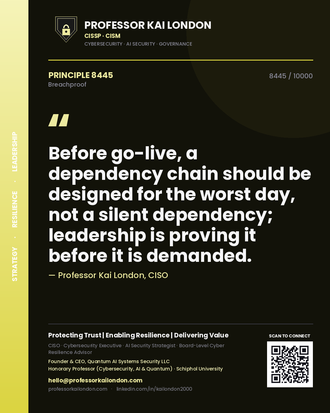 Quote card by Professor Kai London reading 'Before go-live, a dependency chain should be designed for the worst day, not a silent dependency; leadership is proving it before it is demanded.'. From the book Breachproof.