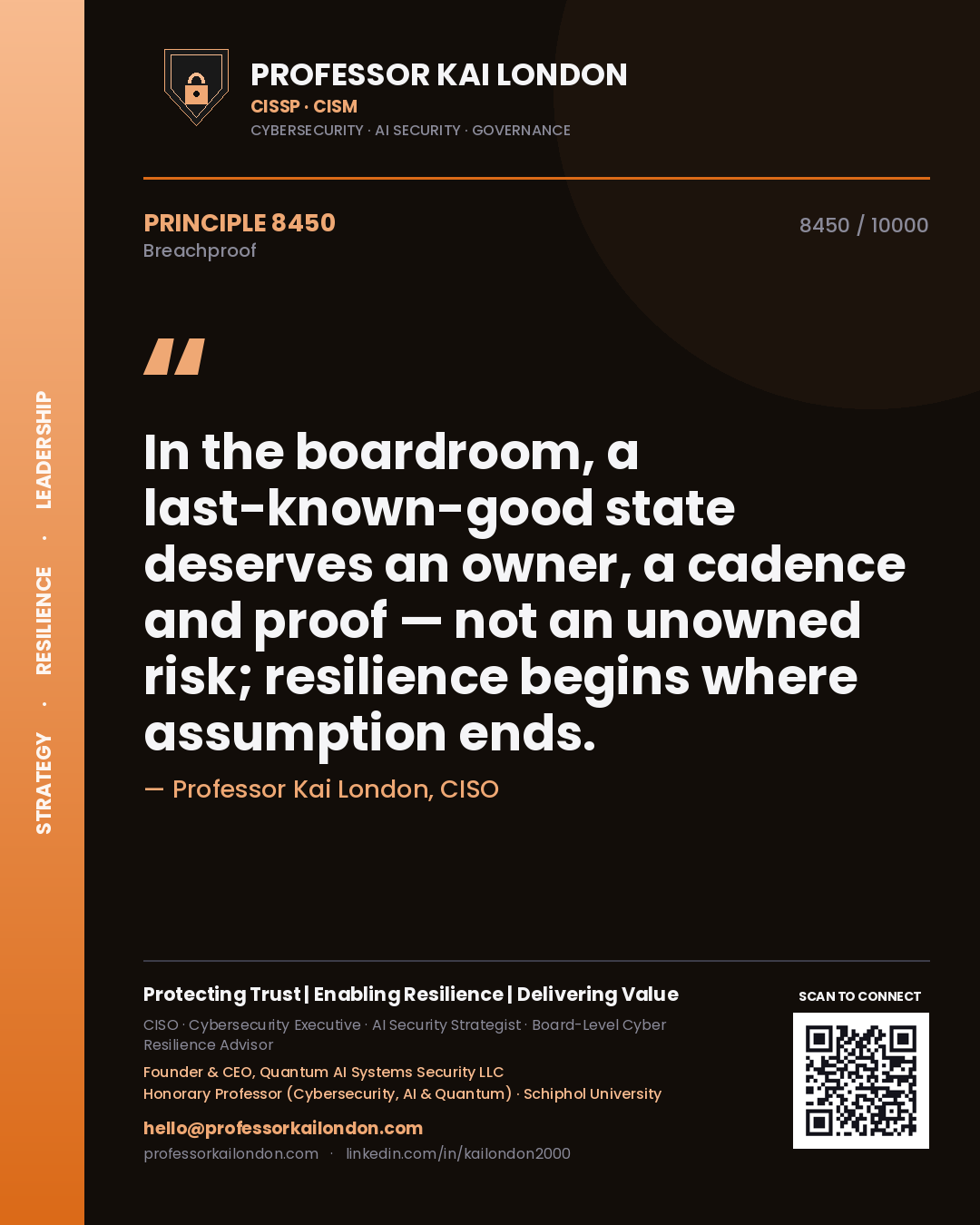 Quote card by Professor Kai London reading 'In the boardroom, a last-known-good state deserves an owner, a cadence and proof — not an unowned risk; resilience begins where assumption ends.'. From the book Breachproof.