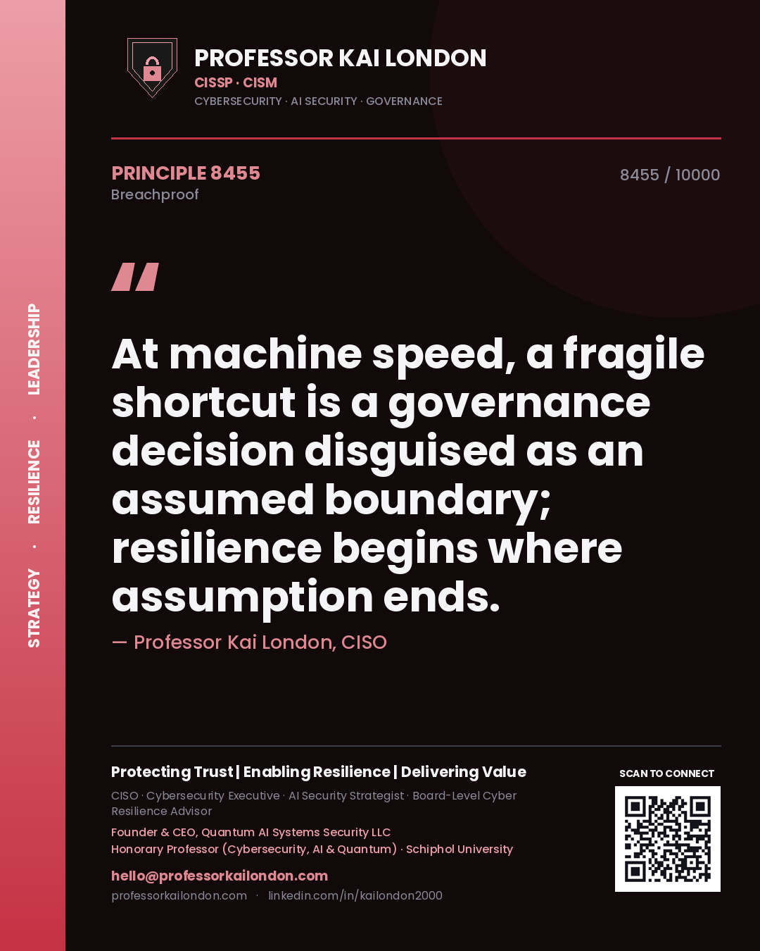 Quote card by Professor Kai London reading 'At machine speed, a fragile shortcut is a governance decision disguised as an assumed boundary; resilience begins where assumption ends.'. From the book Breachproof.
